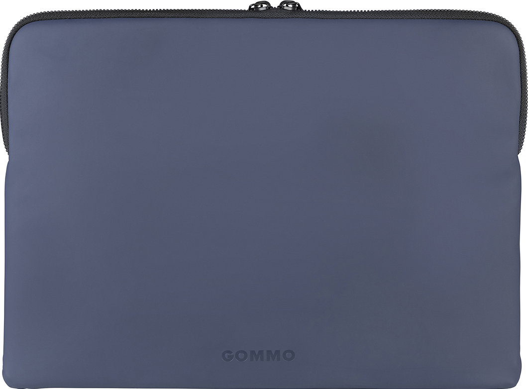 Una custodia blu per laptop con chiusura a cerniera. Il marchio 'GOMMO' è visibile sul davanti.