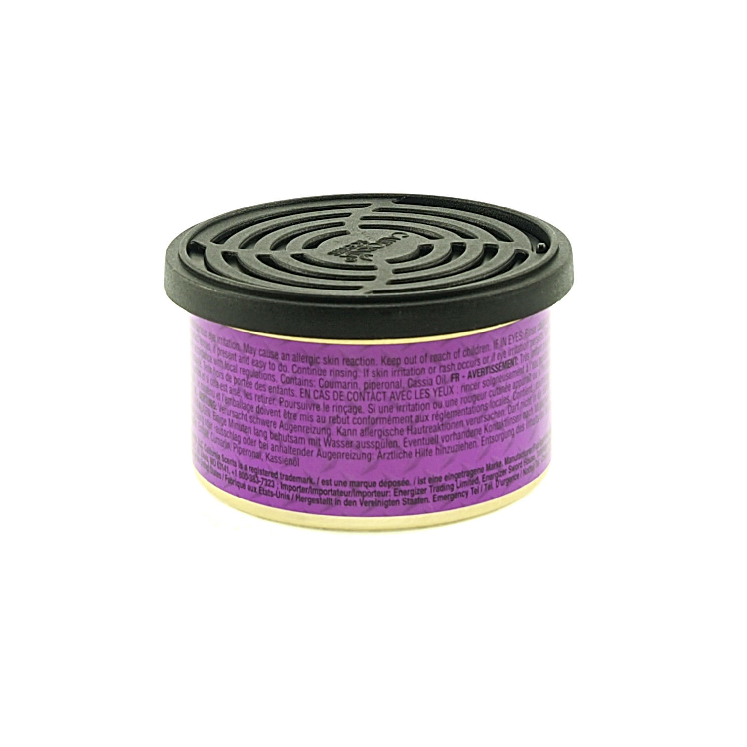 Okrągły odświeżacz powietrza z czarnym wieczkiem i fioletową etykietą. Tekst widoczny na etykiecie. Białe tło.