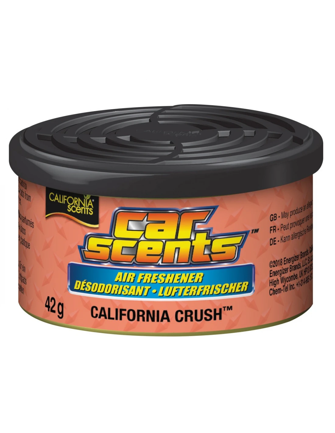 Odświeżacz powietrza do samochodu, Car Scents California Crush, w brzoskwiniowym pojemniku z czarną pokrywką. Tekst zawiera 'Air Freshener'.
