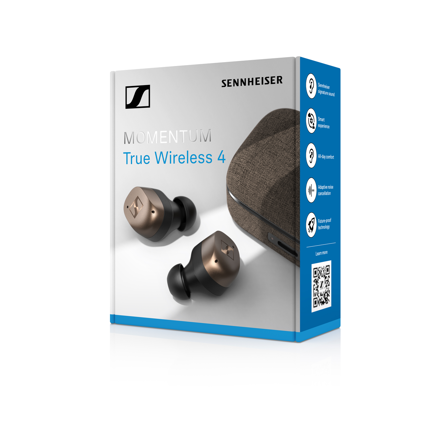 Een doos met Sennheiser Momentum True Wireless 4 oordopjes, met de oordopjes en de case zichtbaar.