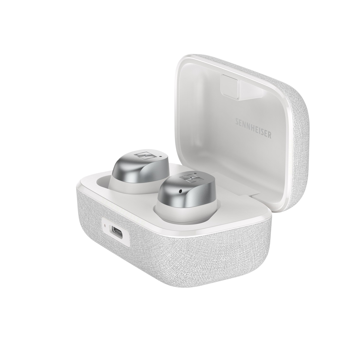 Witte oplaadcase met twee zilveren oordopjes erin. Merk is Sennheiser.