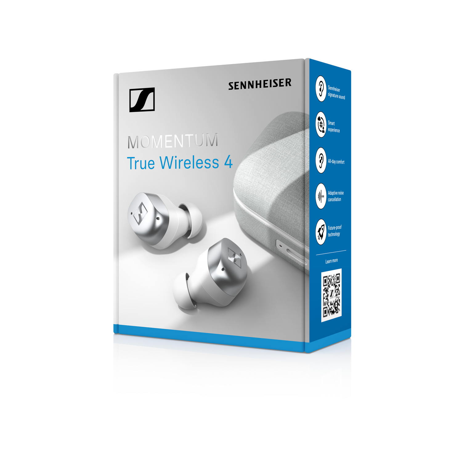 Witte doos met Sennheiser Momentum True Wireless 4 oordopjes. De oordopjes zijn zilver en wit.
