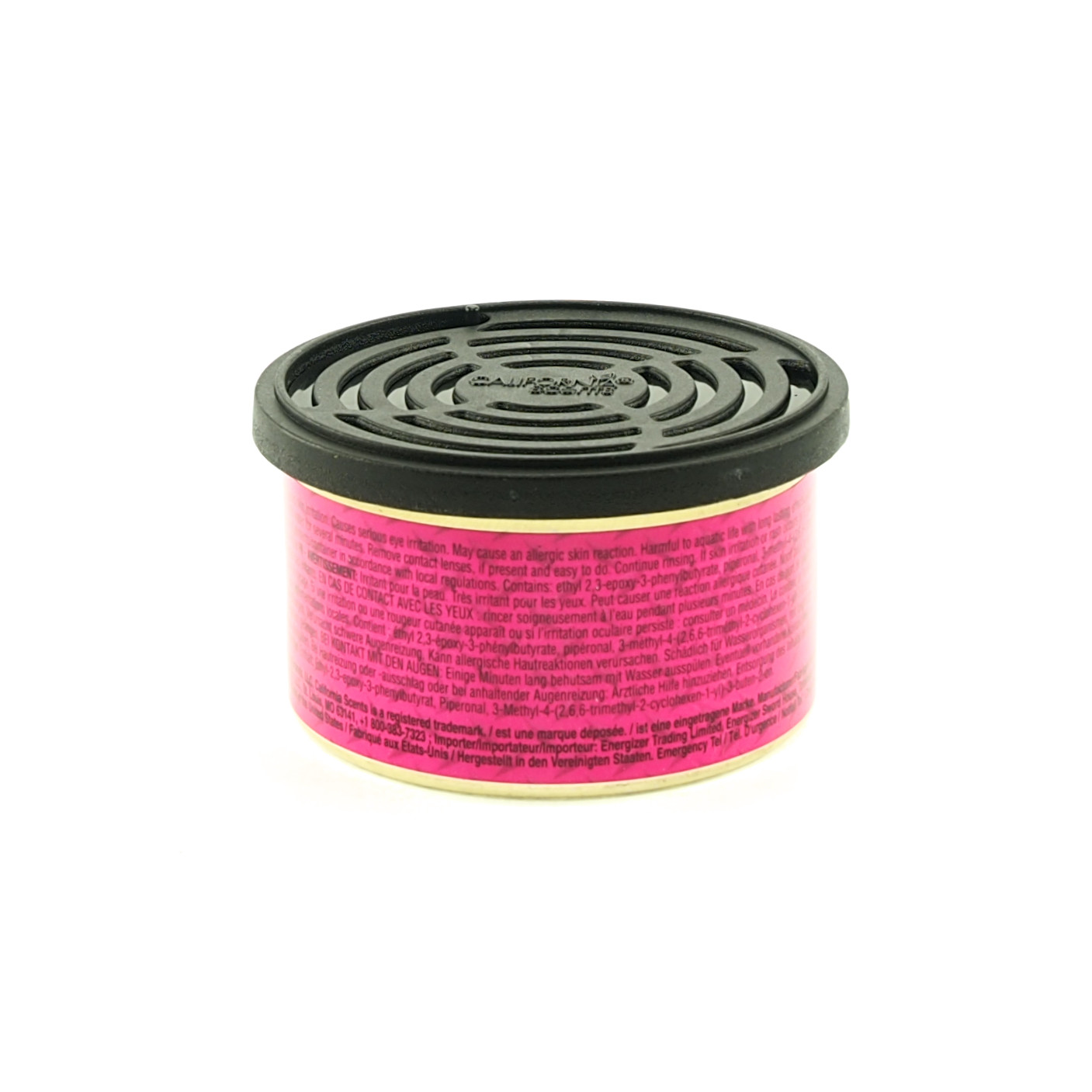 Różowo-czarny odświeżacz powietrza. Tekst na etykiecie. Czarna plastikowa pokrywa.