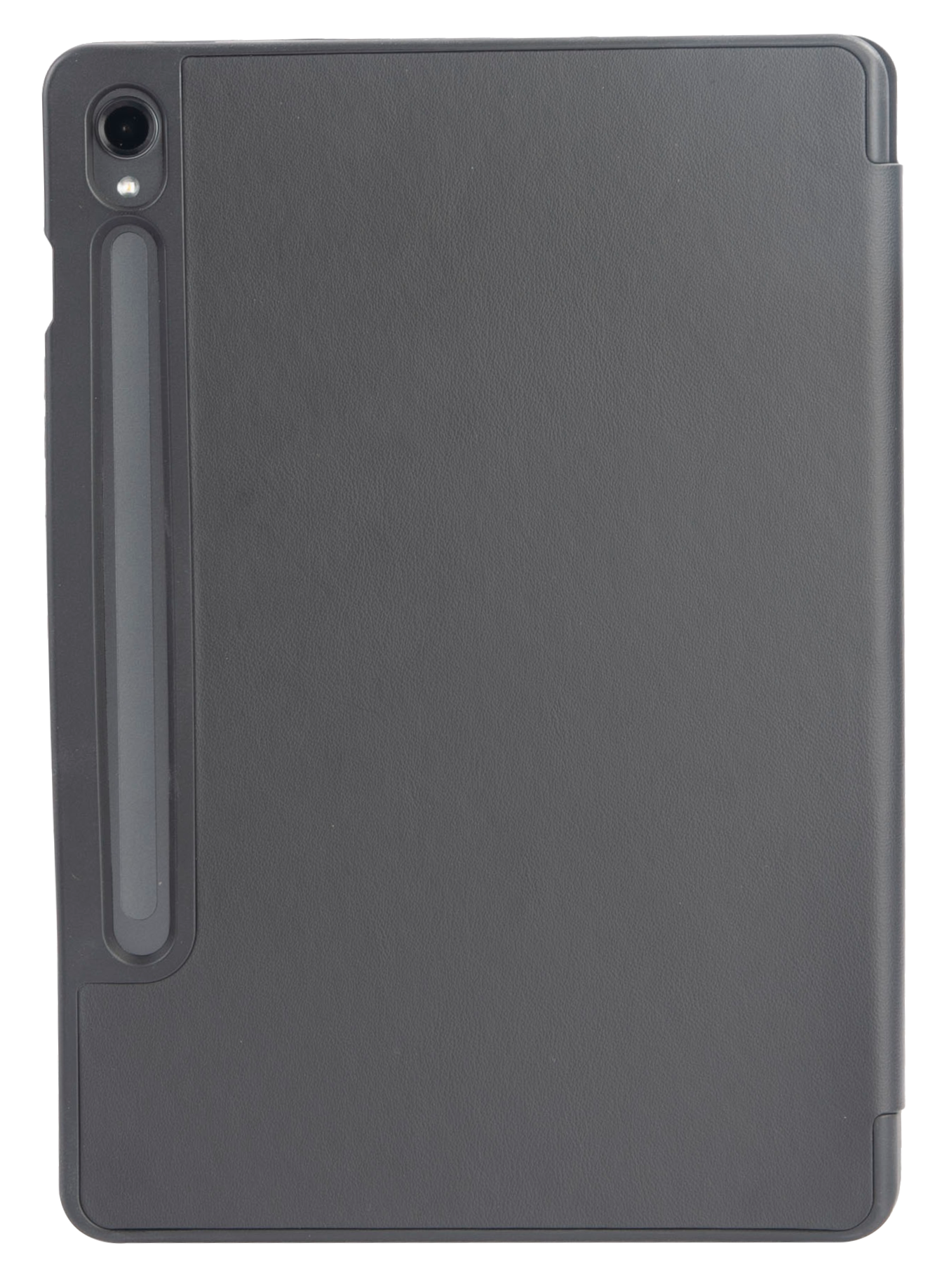Sötétszürke tablet ceruzatartóval és tollal. A háttér fekete.