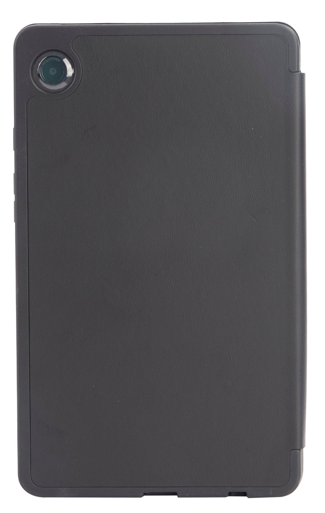 Fekete tablet hátlap kamerával és borítással, fekete háttéren.