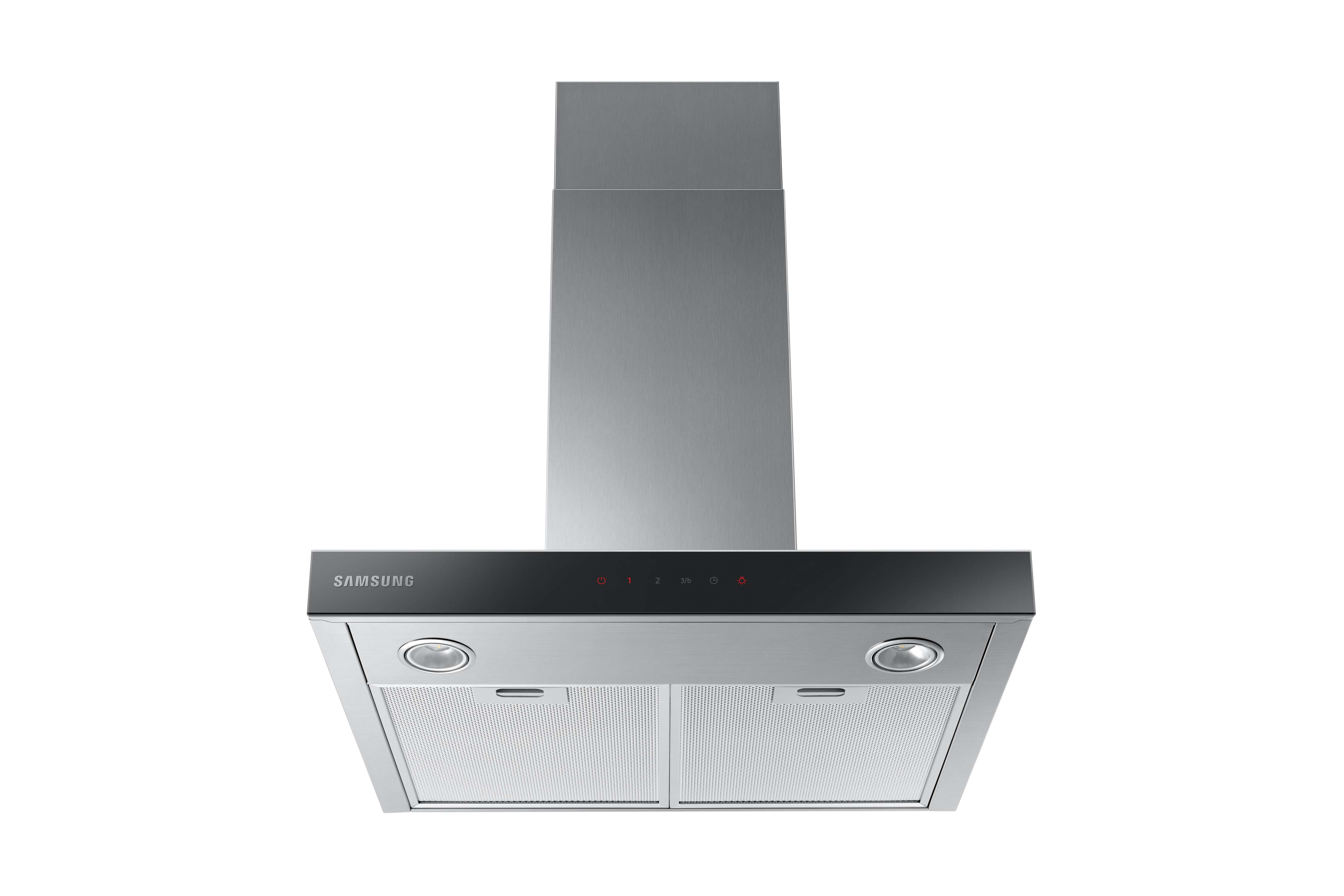 Campana extractora Samsung de acero inoxidable con panel de control y luces.