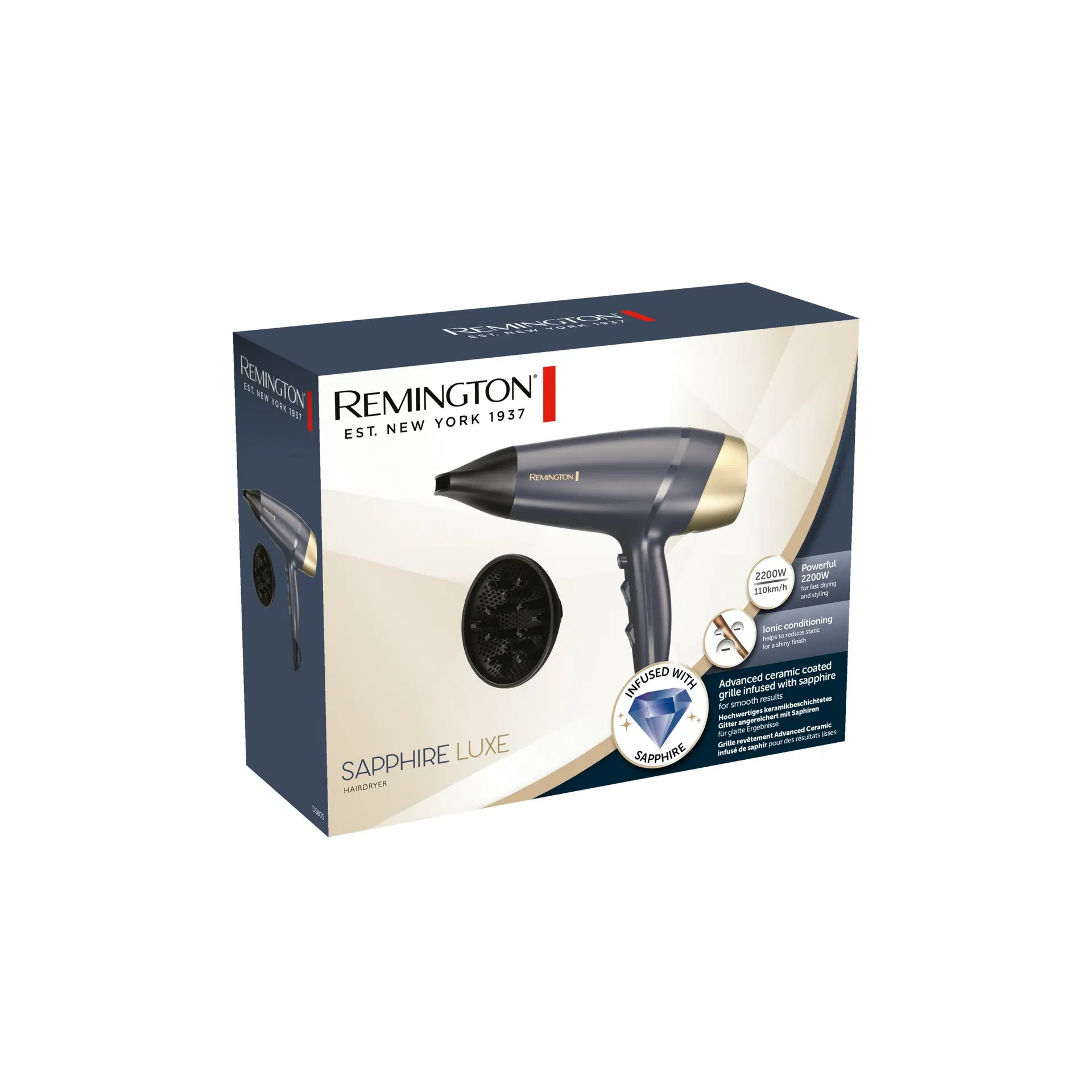 Caja secador Remington, negro y dorado, modelo Sapphire Luxe.
