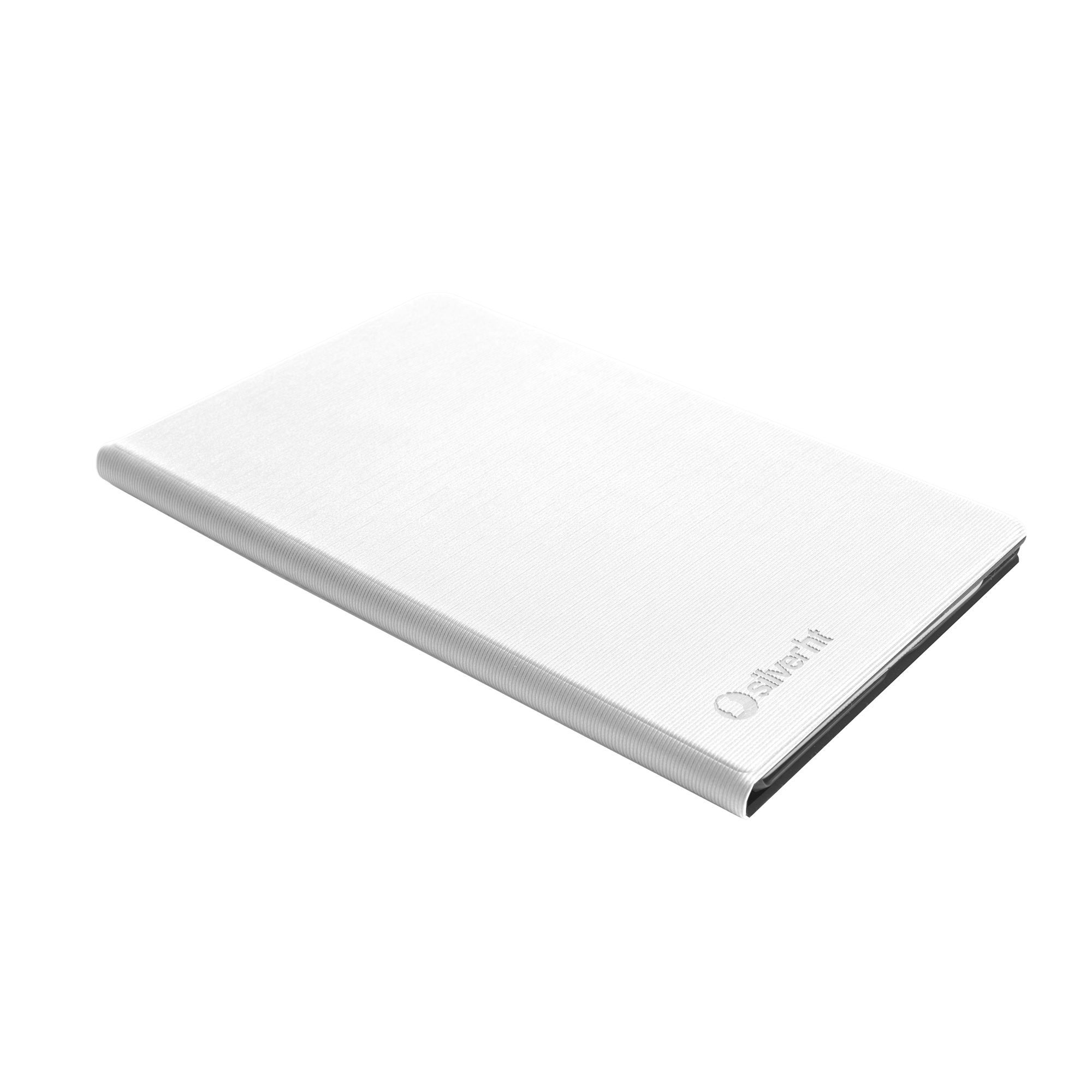 Tableta o disco duro externo blanco y rectangular. Borde plateado, acabado mate, vista en ángulo.