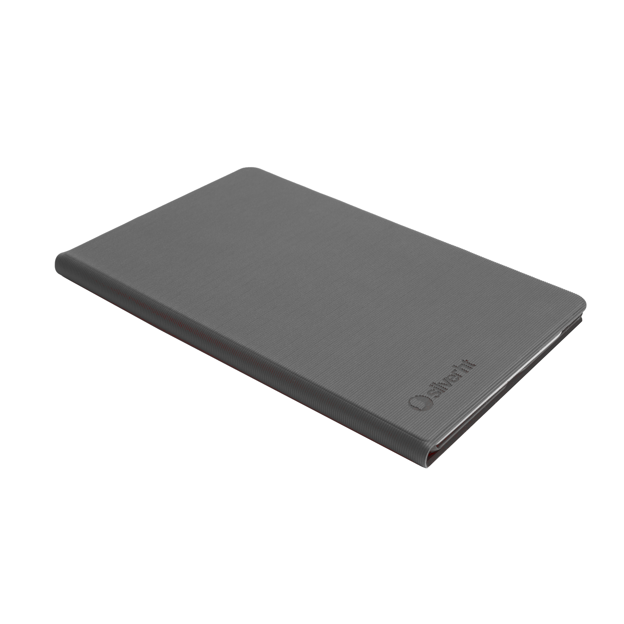 Funda de tableta gris con textura acanalada. Silverfit está impreso en la esquina inferior derecha.