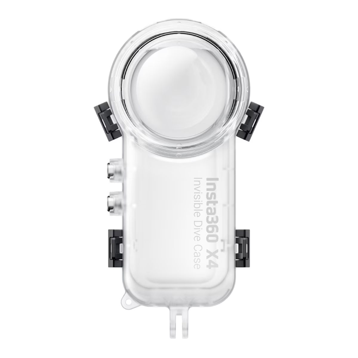 Insta360 X4 Invisible Dive Case, plástico transparente, con cierres negros y fondo blanco. Para uso subacuático.