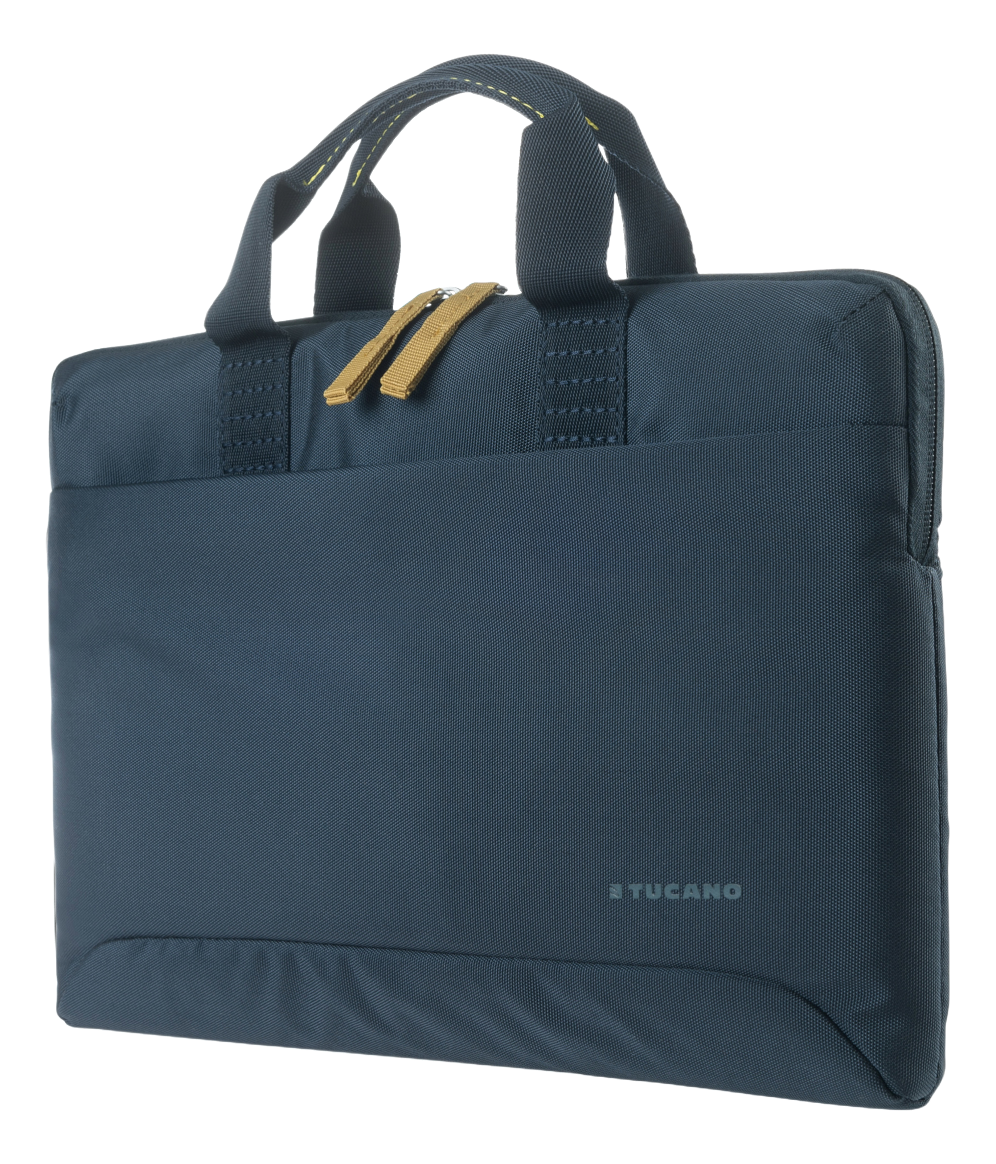 Dunkelblaue Laptoptasche mit gelben Reißverschlüssen. Text: TUCANO.