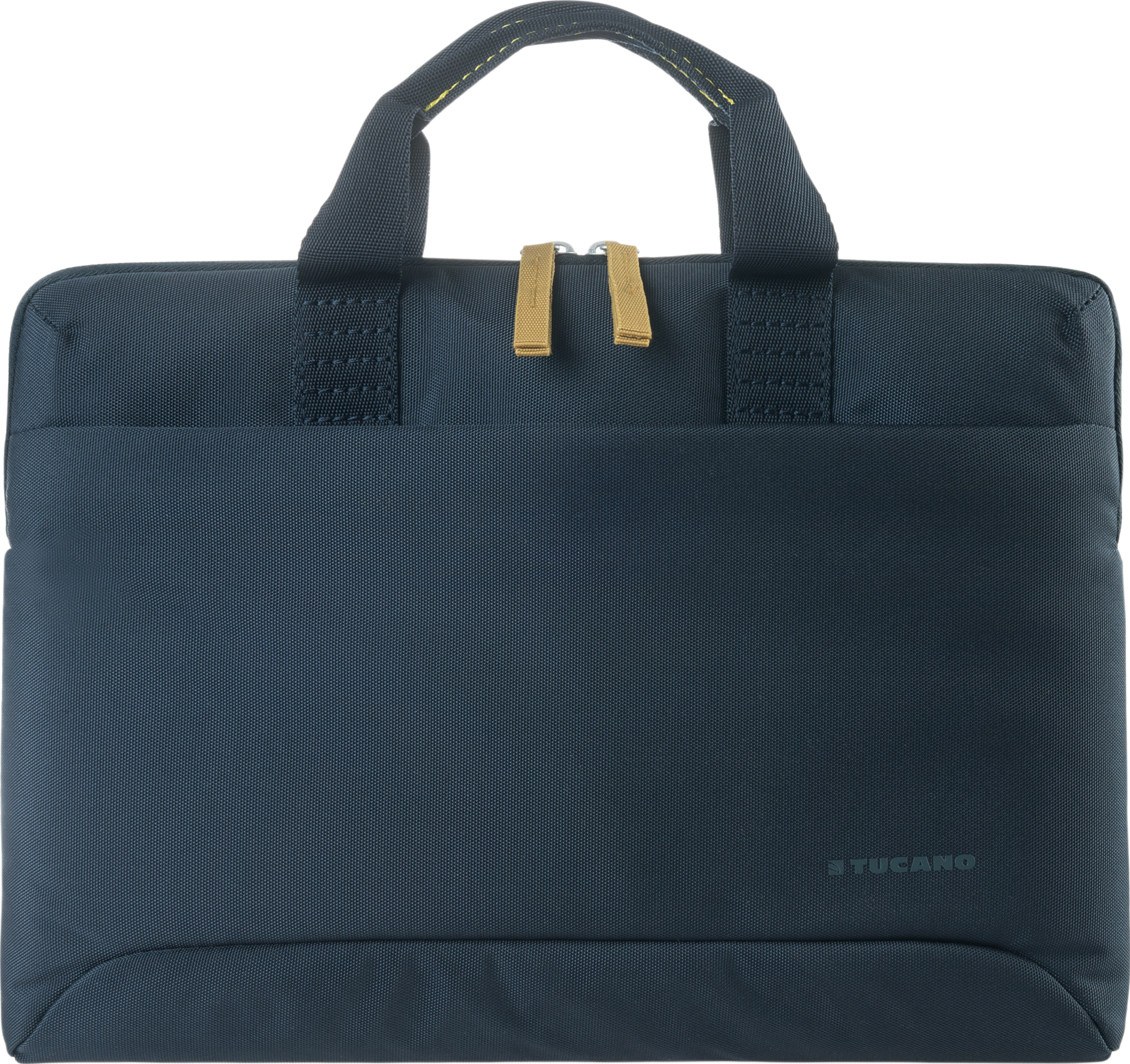 Marineblaue Tucano Laptoptasche, Griff, Reißverschlüsse und Logo.
