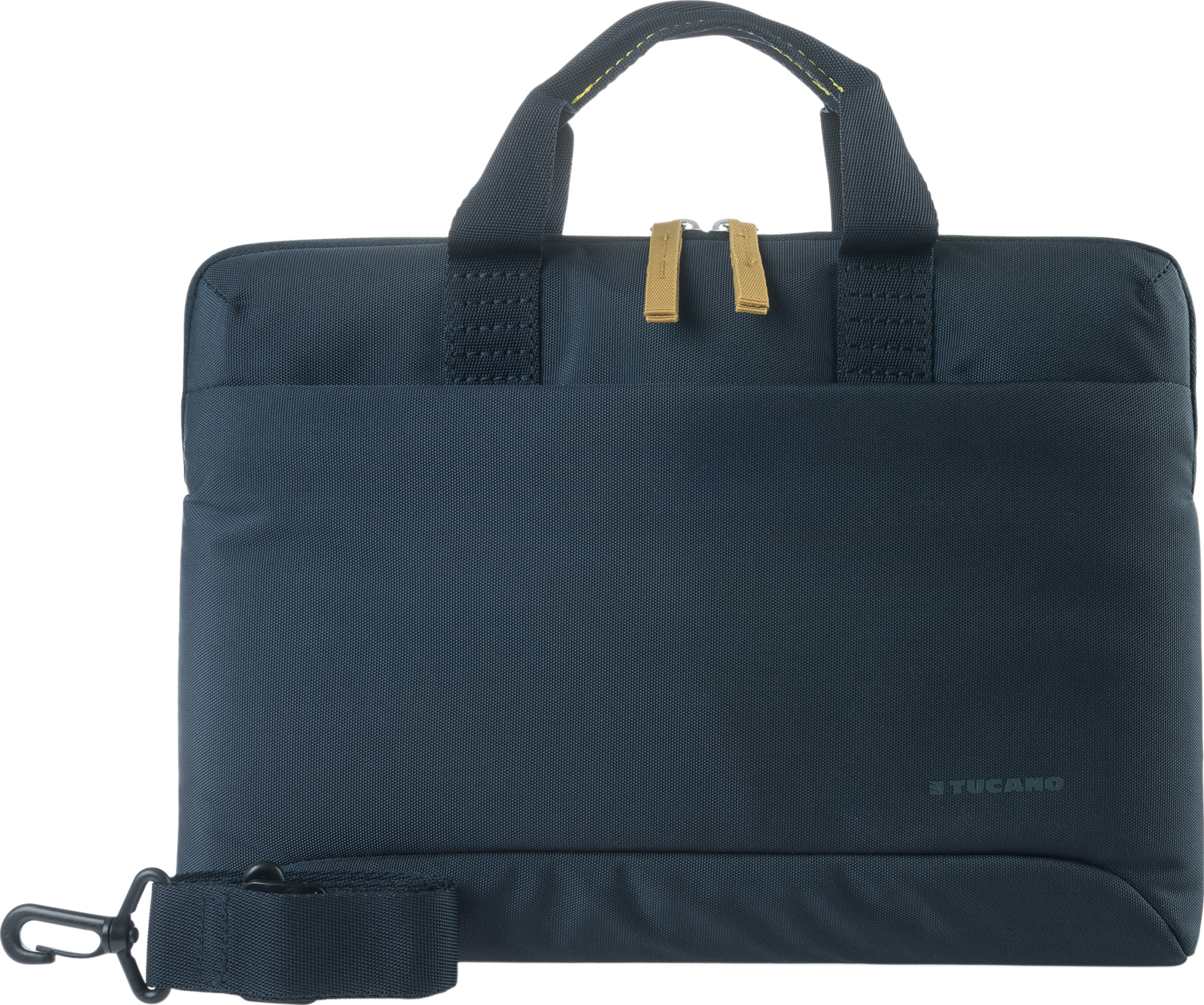 Dunkelblaue Laptoptasche mit Riemen und Reißverschluss. Die Marke "TUCANO" ist aufgedruckt.