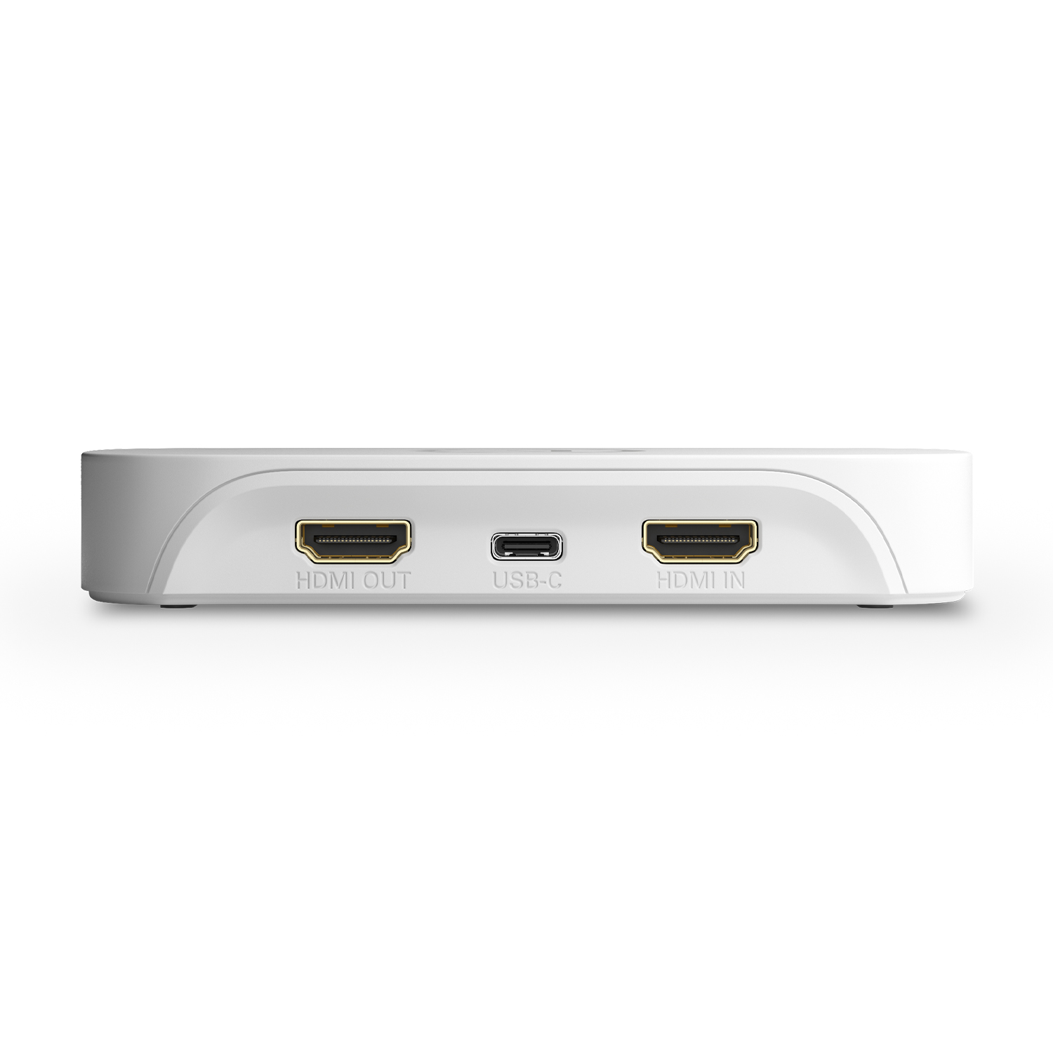 Un dispositivo bianco con HDMI IN/OUT e una porta USB-C. Il dispositivo ha un design curvo con le porte visibili.