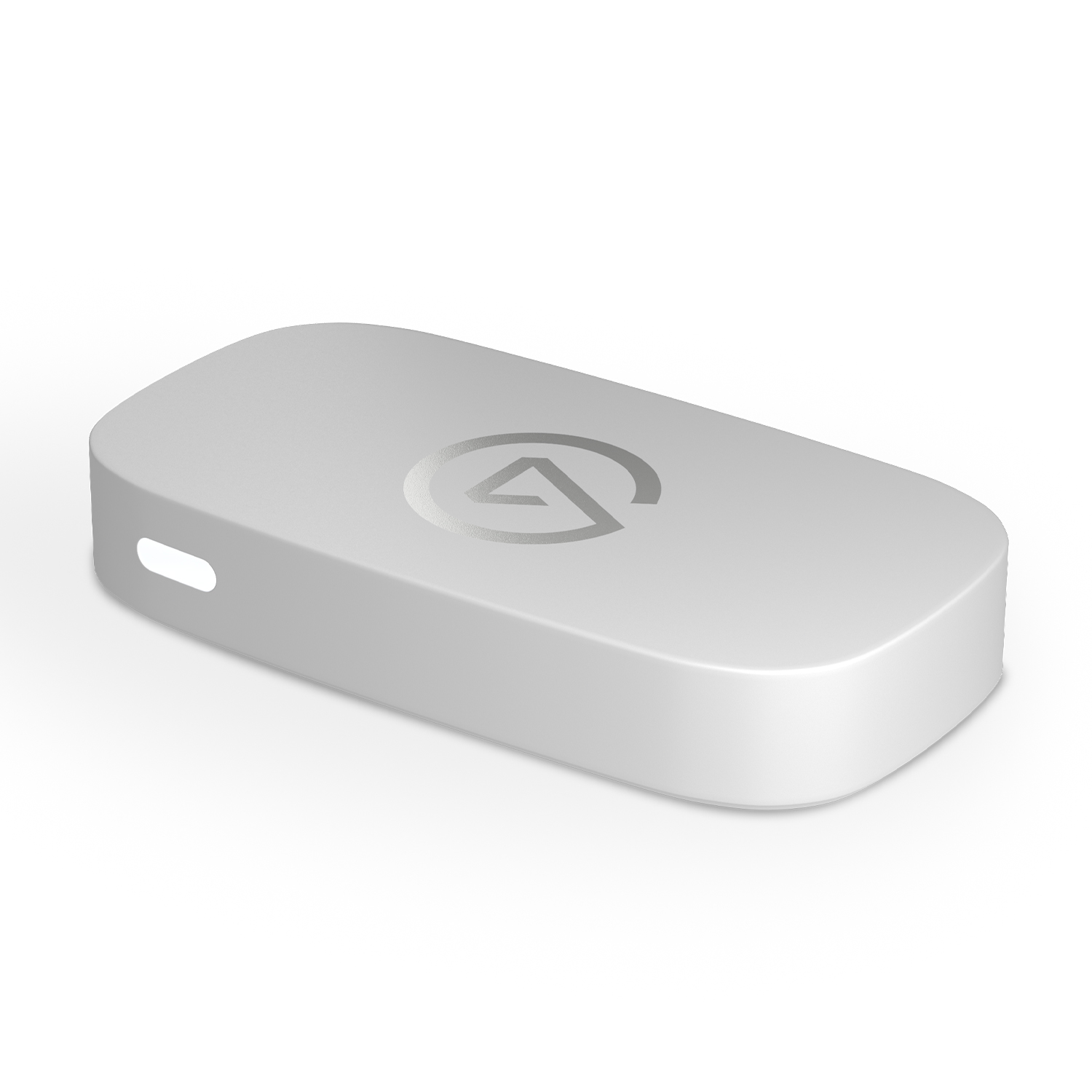 Dispositivo bianco con logo. Forma arrotondata, sfondo bianco.