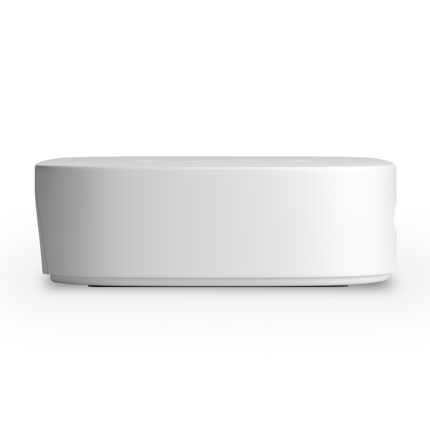 Un dispositivo rettangolare bianco e arrotondato. Ha una superficie liscia e un design semplice.