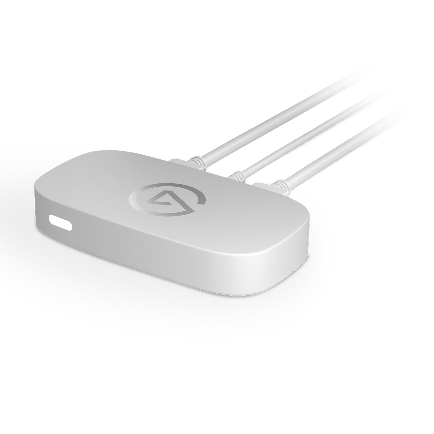 Un dispositivo Elgato bianco con tre cavi bianchi collegati, su una superficie bianca.