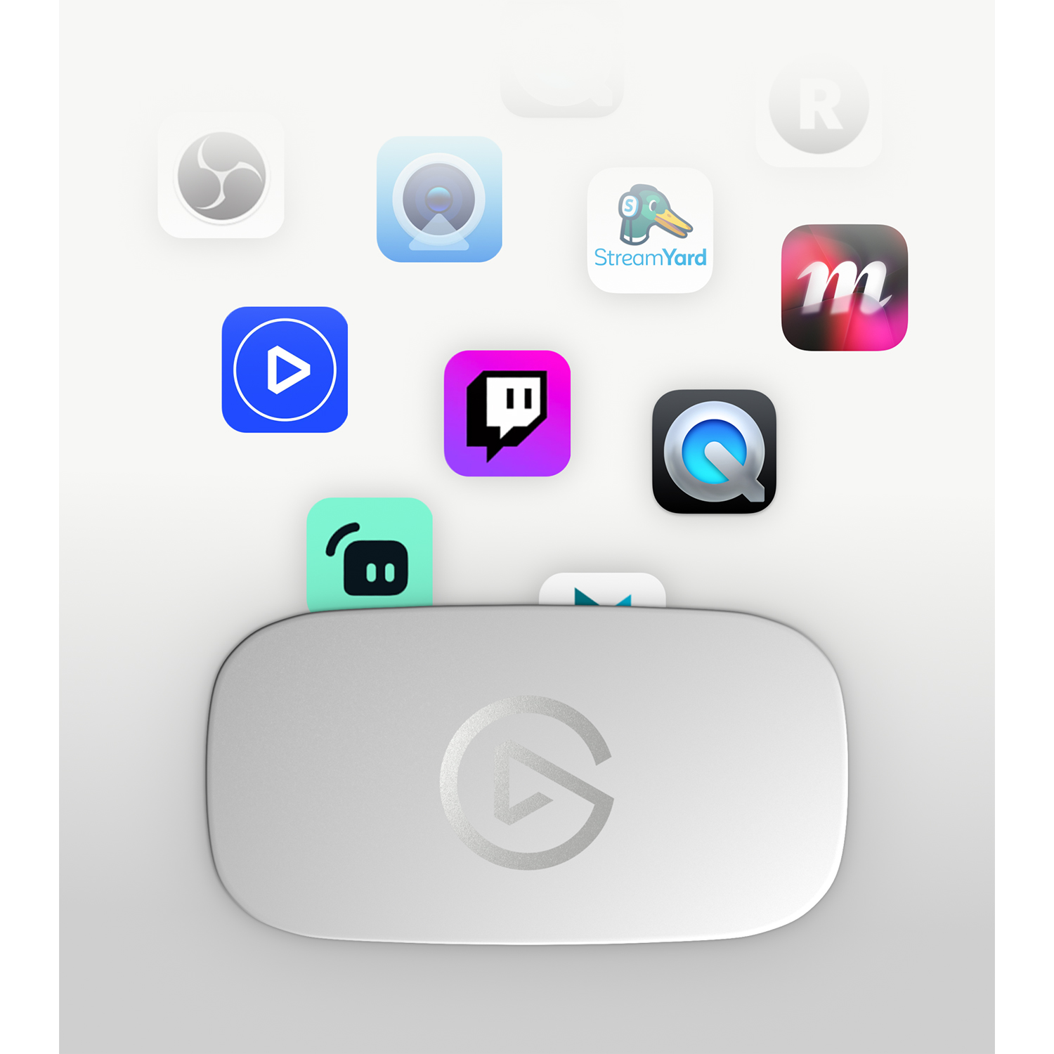 Dispositivo di streaming con varie icone di app. Colore bianco.