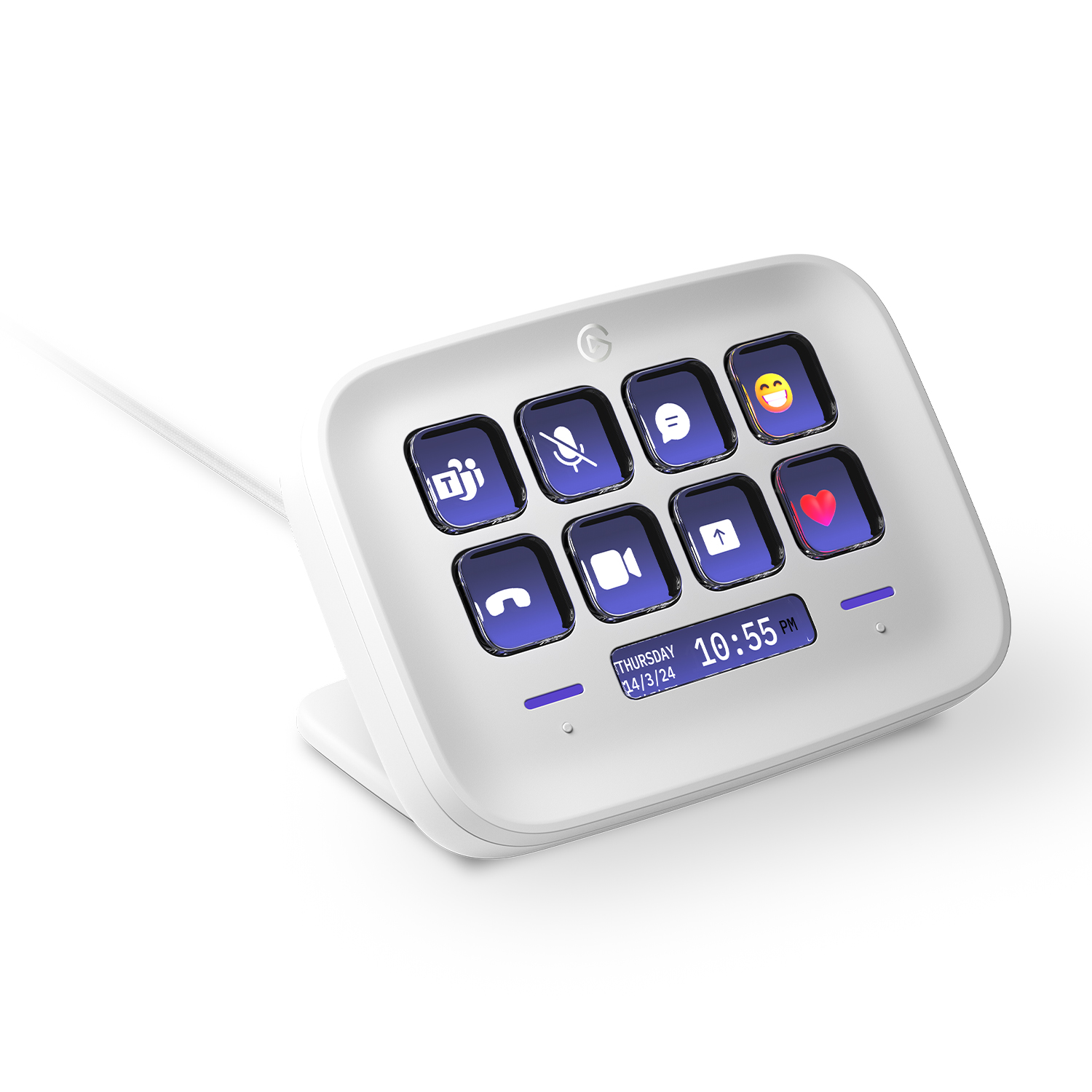 Un dispositivo bianco simile a un tablet con pulsanti touch e uno schermo che mostra un'ora e icone dell'interfaccia.