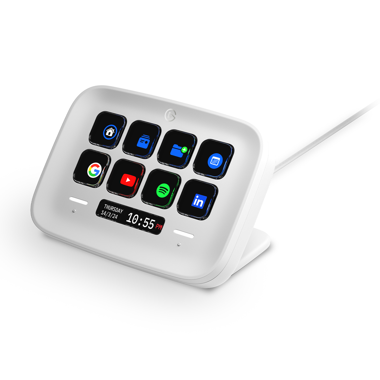 Dispositivo bianco con icone di app su schermo. Mostra data e ora sotto le icone.