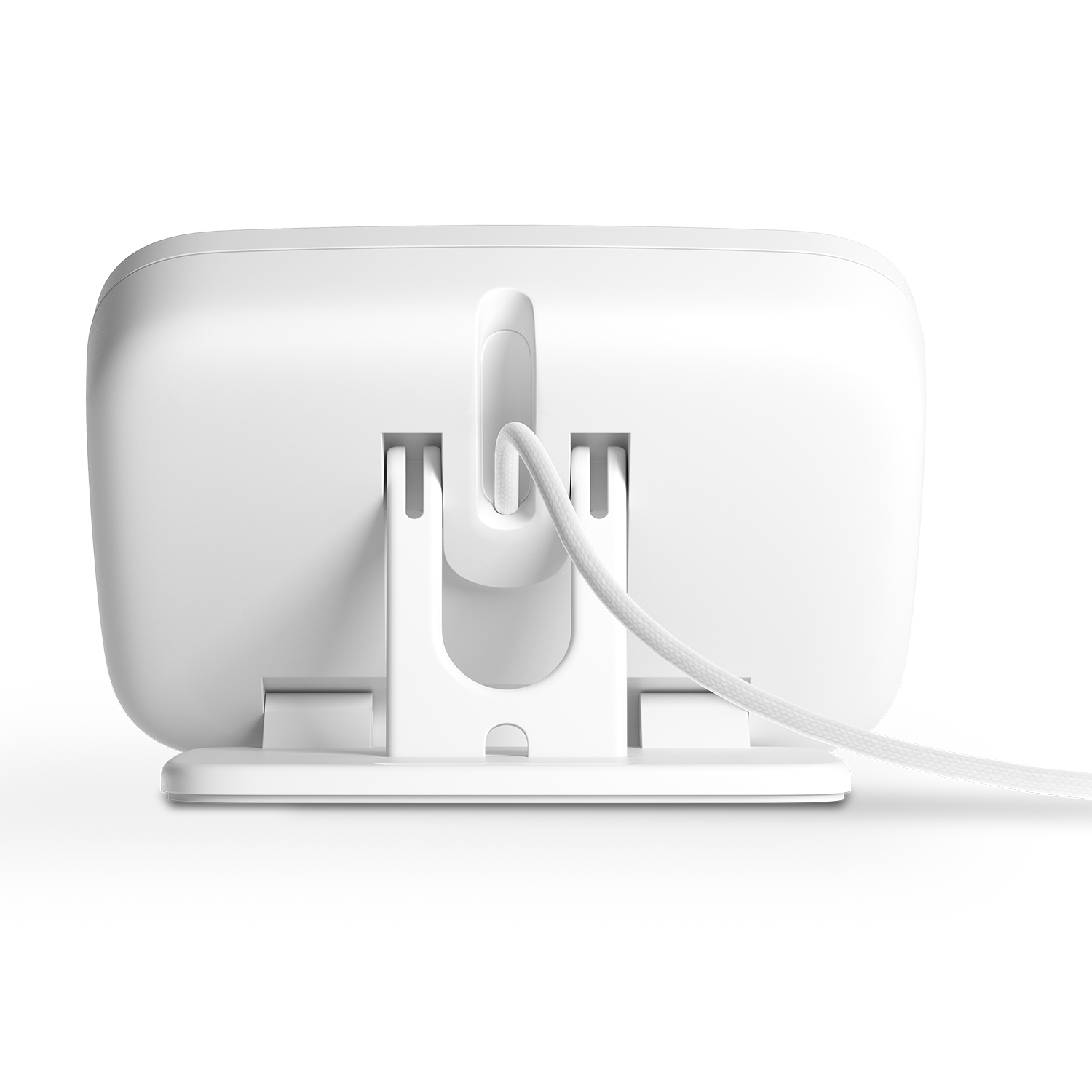 Il retro di un dispositivo bianco con un supporto bianco e un cavo bianco.