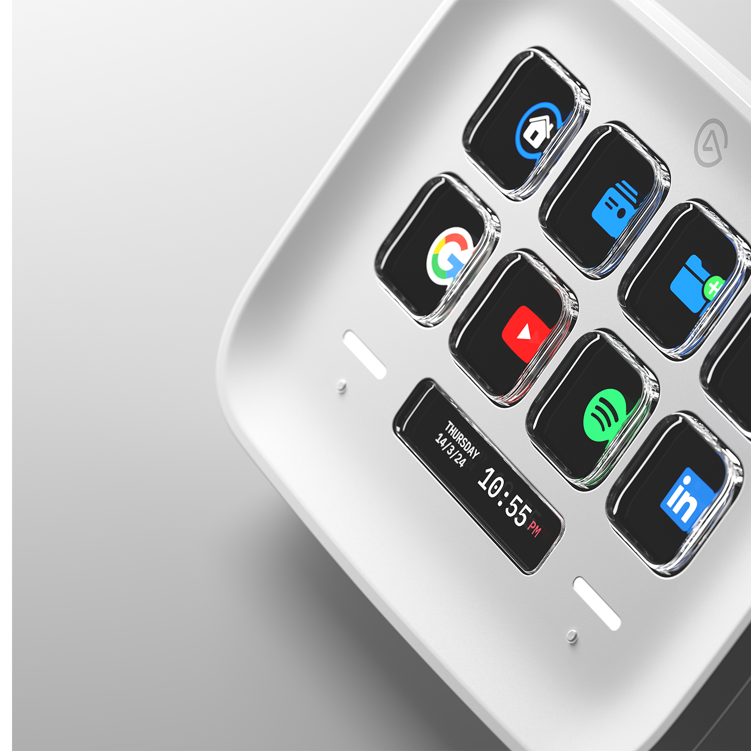 Dispositivo bianco con icone nere per app. Visualizzazione dell'ora in basso. Sfondo bianco.
