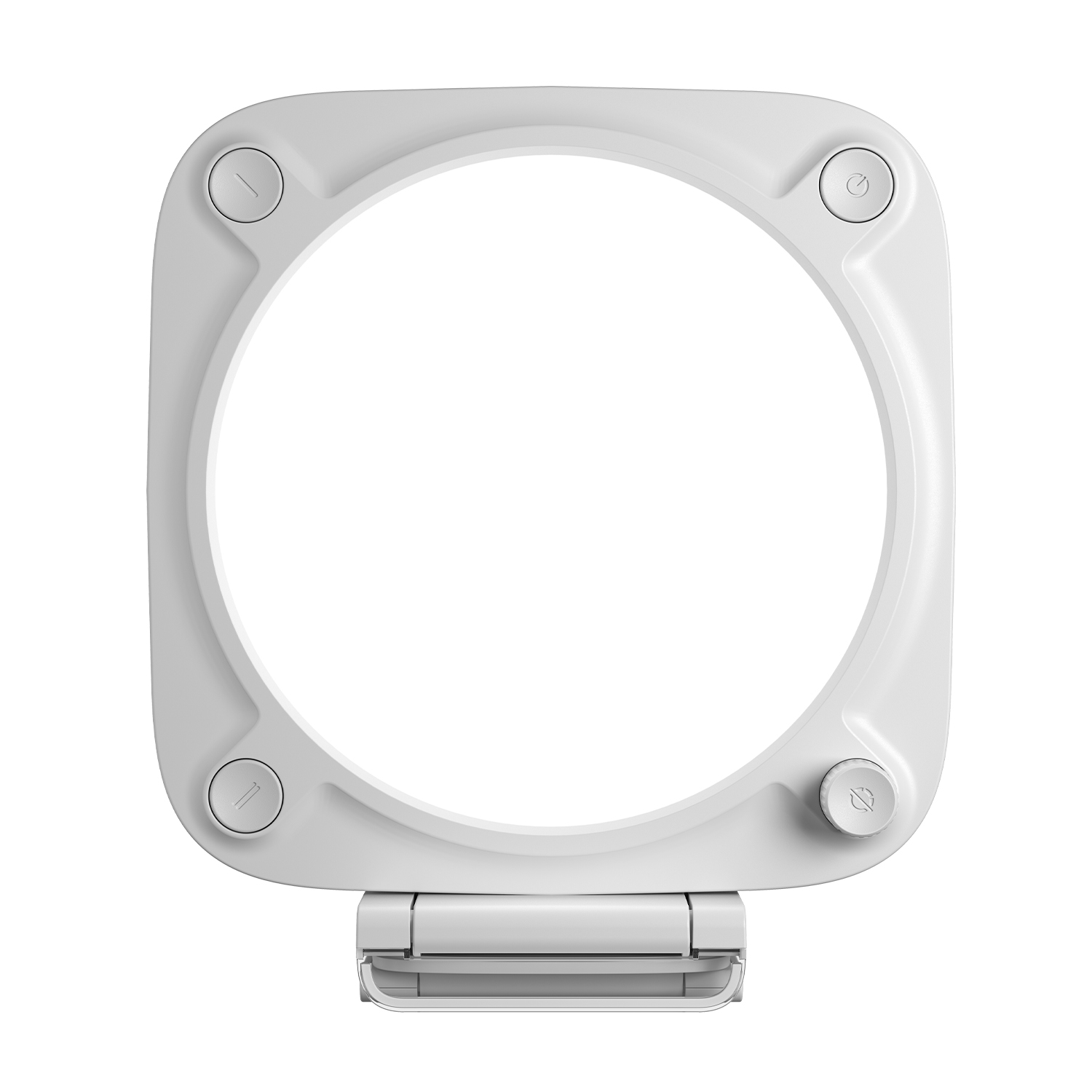 Oggetto bianco, quadrato, a forma di anello, con angoli arrotondati e pulsanti. Un cerchio bianco al centro.