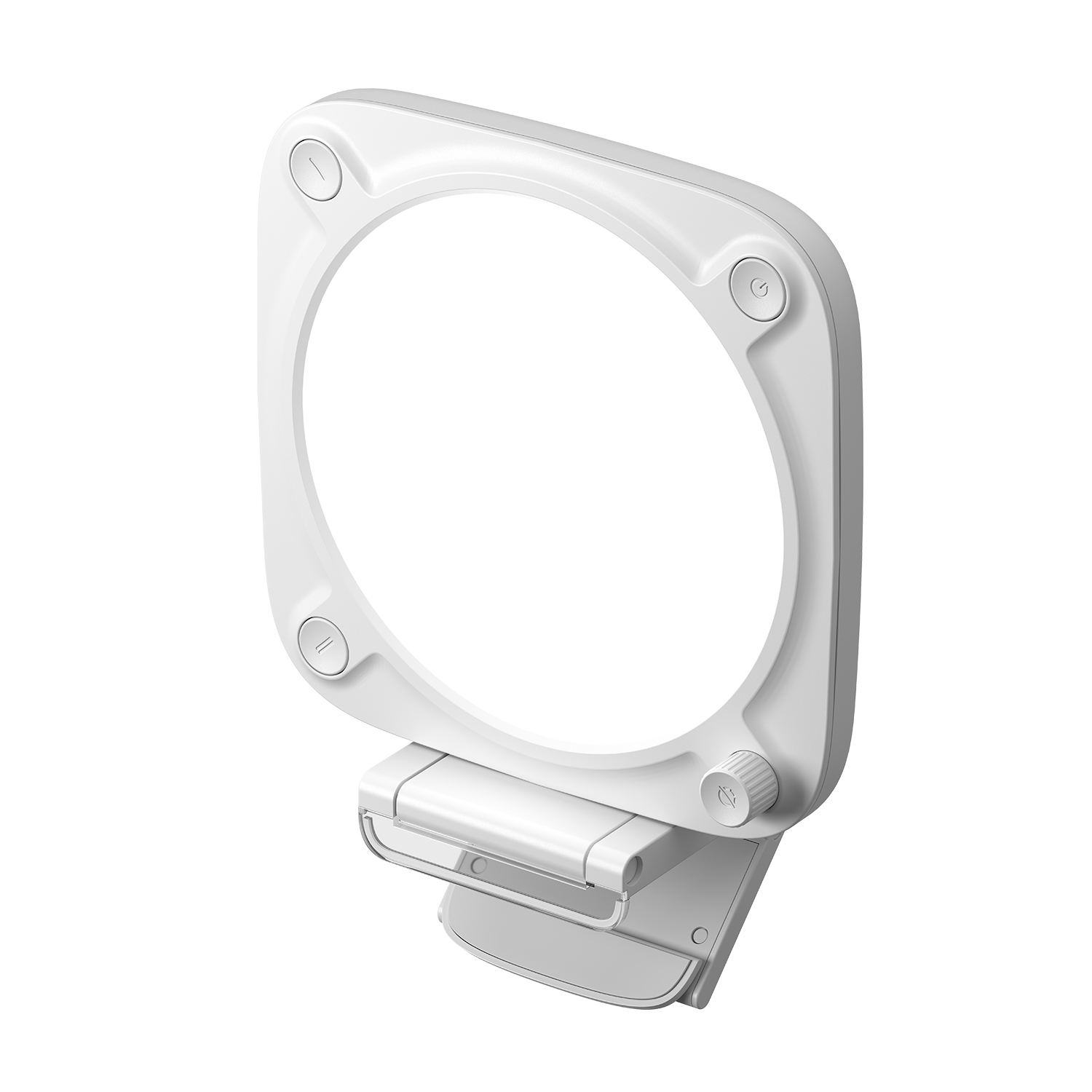 Dispositivo bianco con luce rotonda e pulsanti. Il dispositivo ha una cornice quadrata.