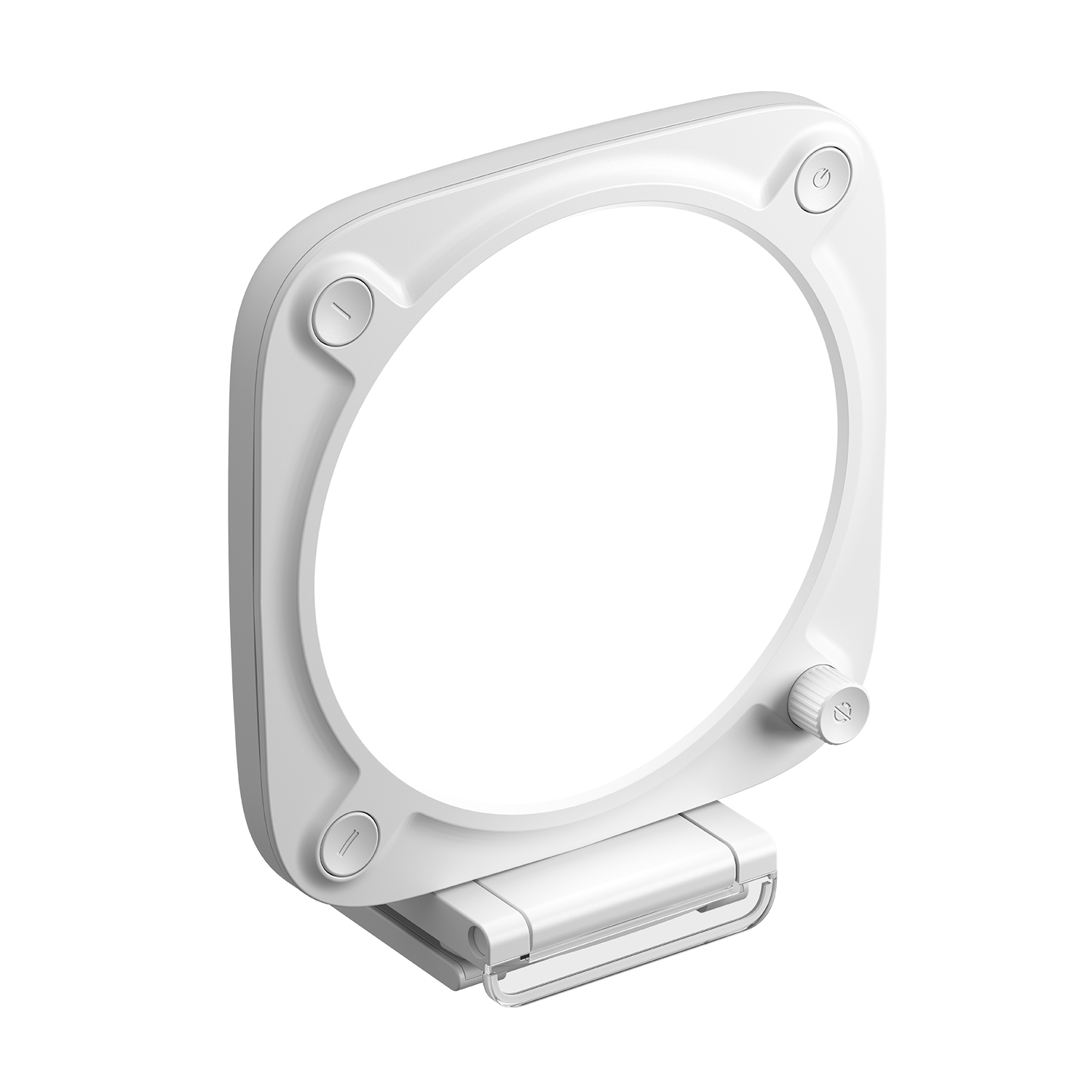 Una luce ad anello bianca con controlli e una clip. Sfondo bianco.