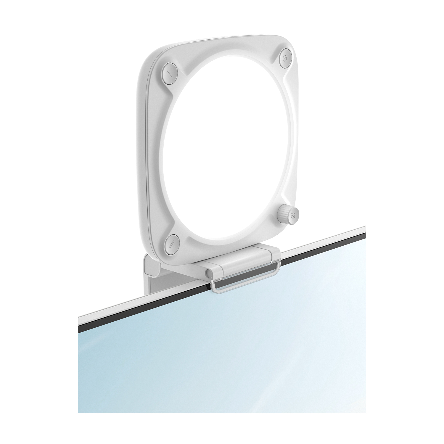 Luce per monitor bianca con luce circolare e tre pulsanti. Montata sopra un monitor bianco.