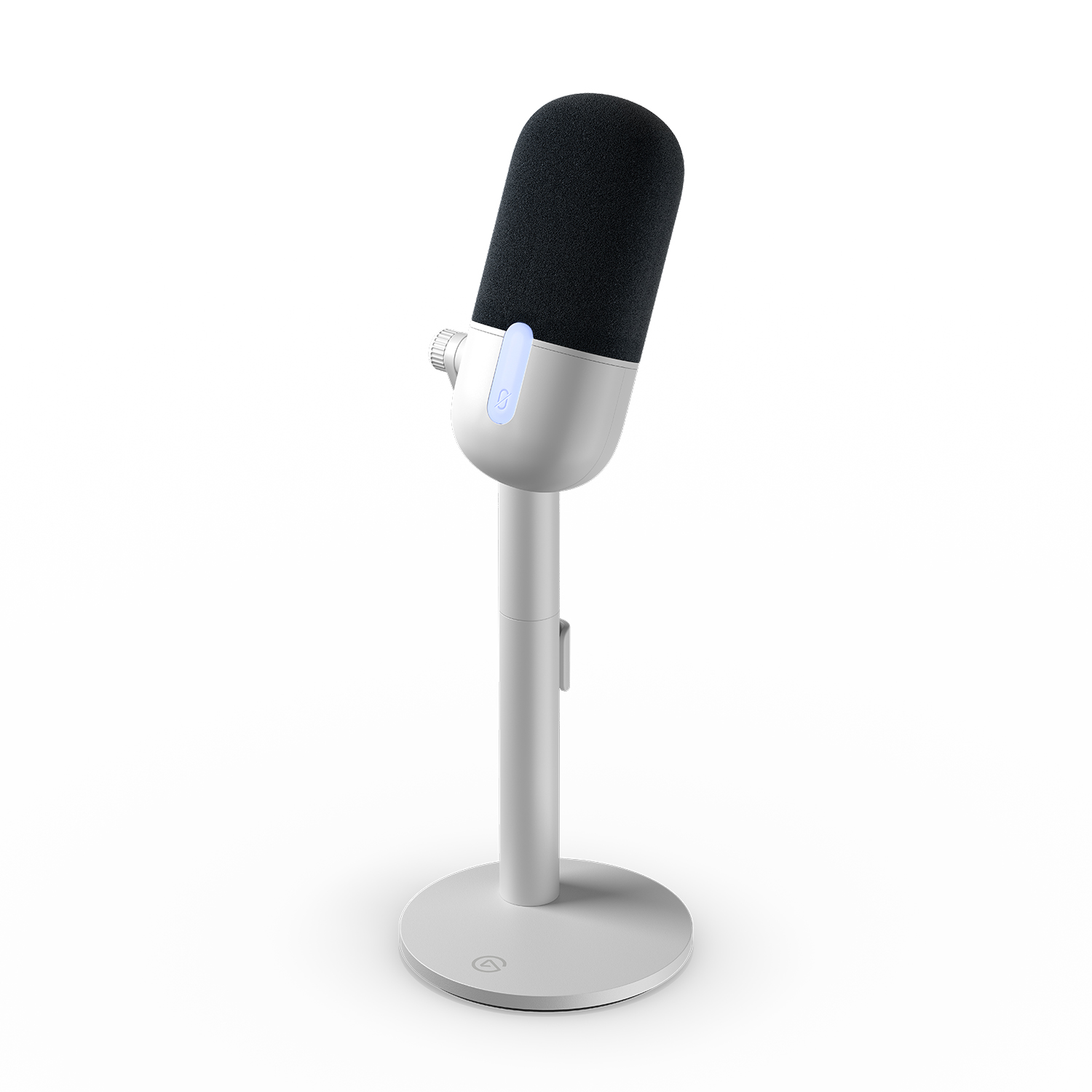 Microfono bianco su supporto, con luce blu.