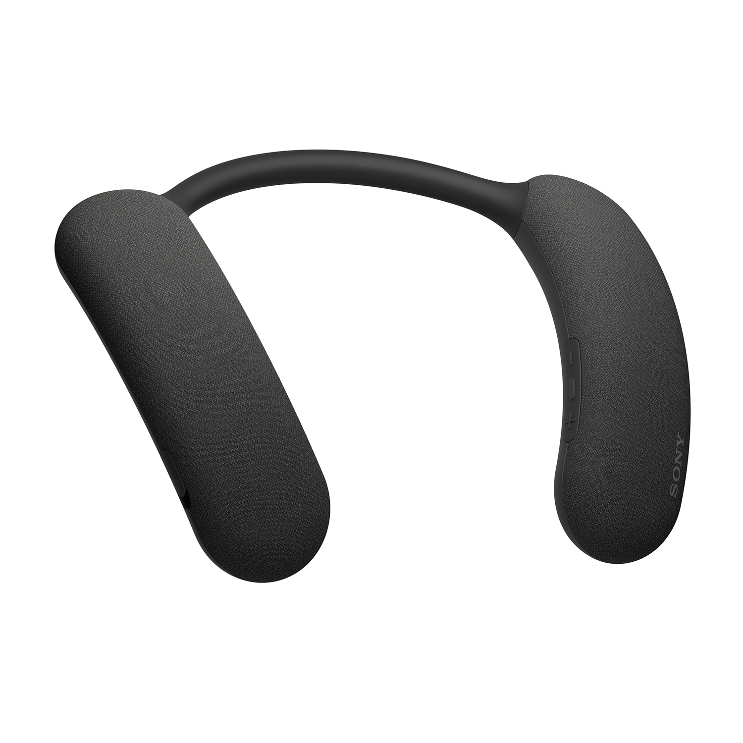 Altoparlante wireless nero, a fascia da collo, con padiglioni rivestiti in tessuto.