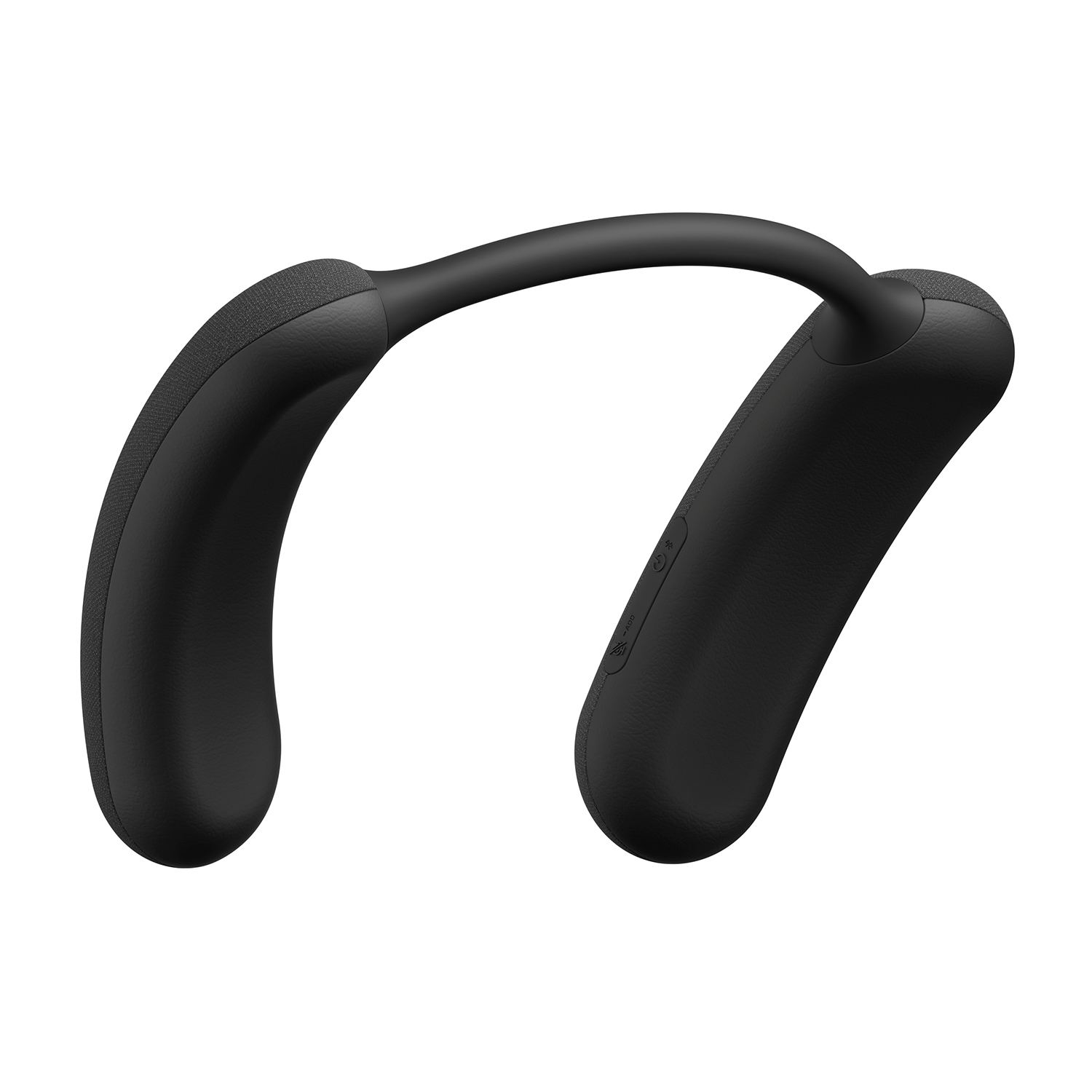 Altoparlante a fascia da collo nero. Ha un design curvo, con pulsanti di controllo visibili.