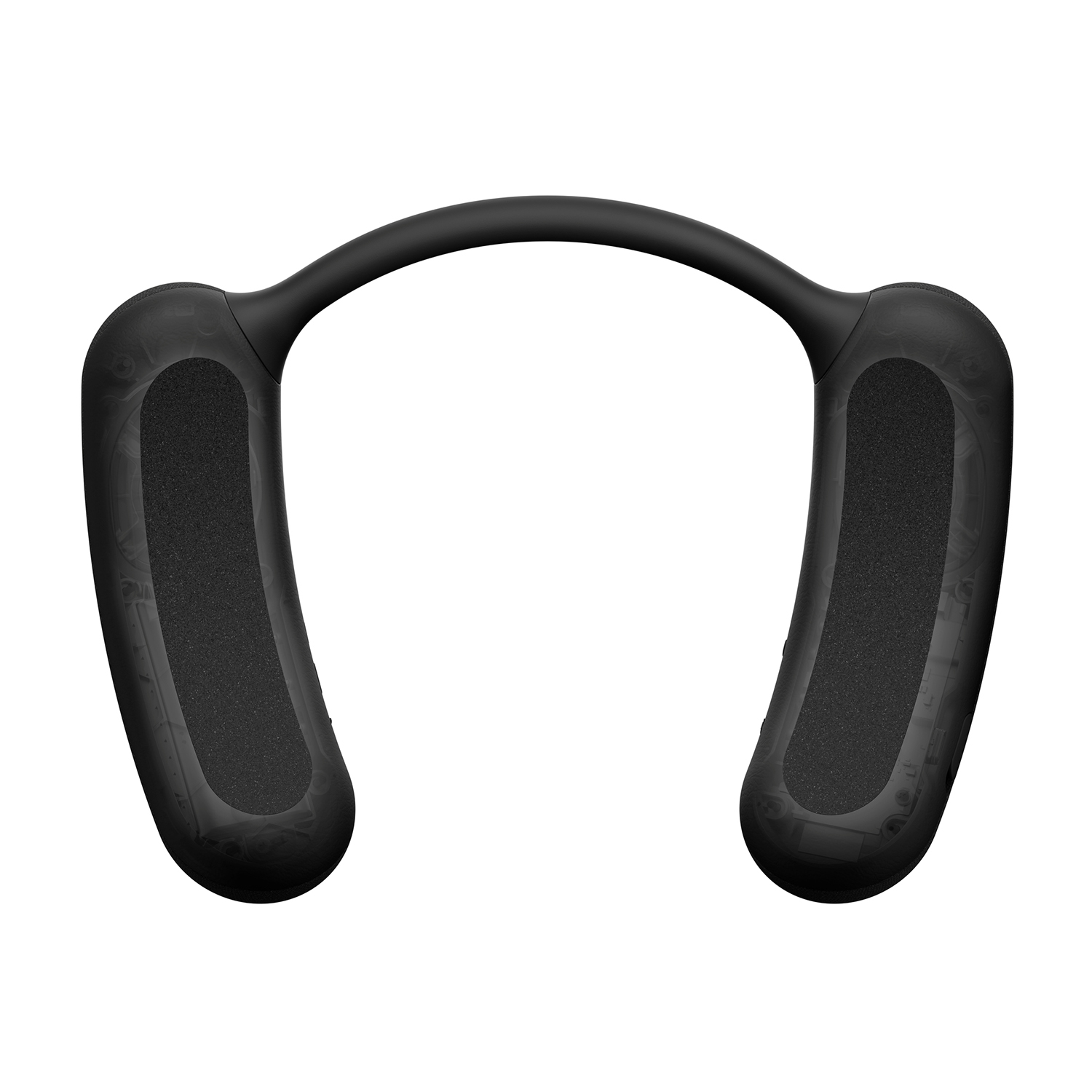 Un altoparlante a fascia da collo nero su una superficie bianca. Ha un design curvo.