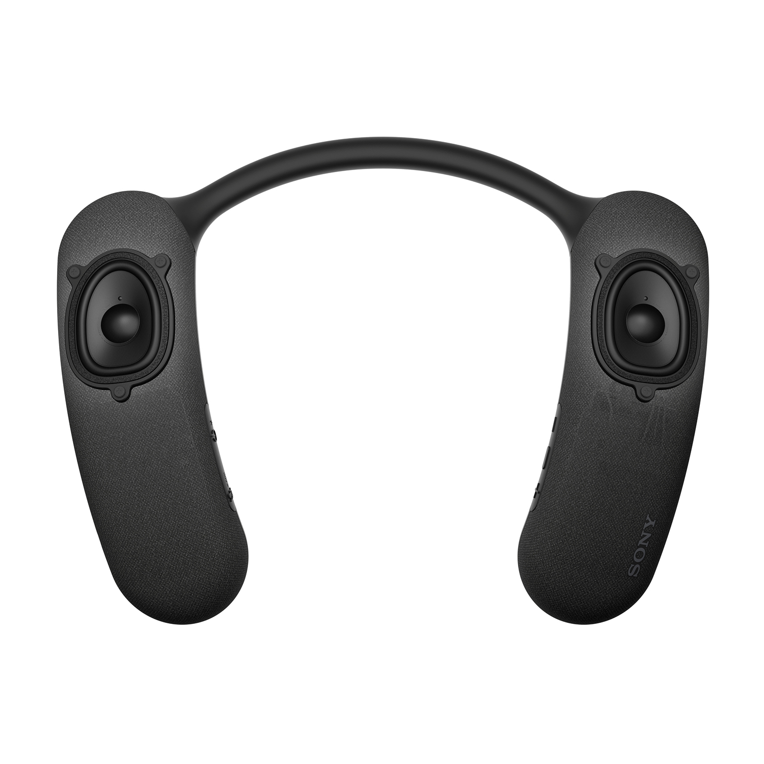 Altoparlante a fascia da collo nero con altoparlanti su ciascun lato. L'altoparlante ha un design curvo.