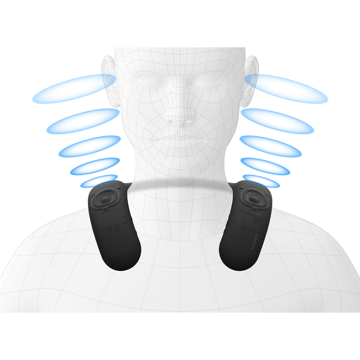 Una persona che indossa un altoparlante da collo nero, con illustrazioni di onde sonore.