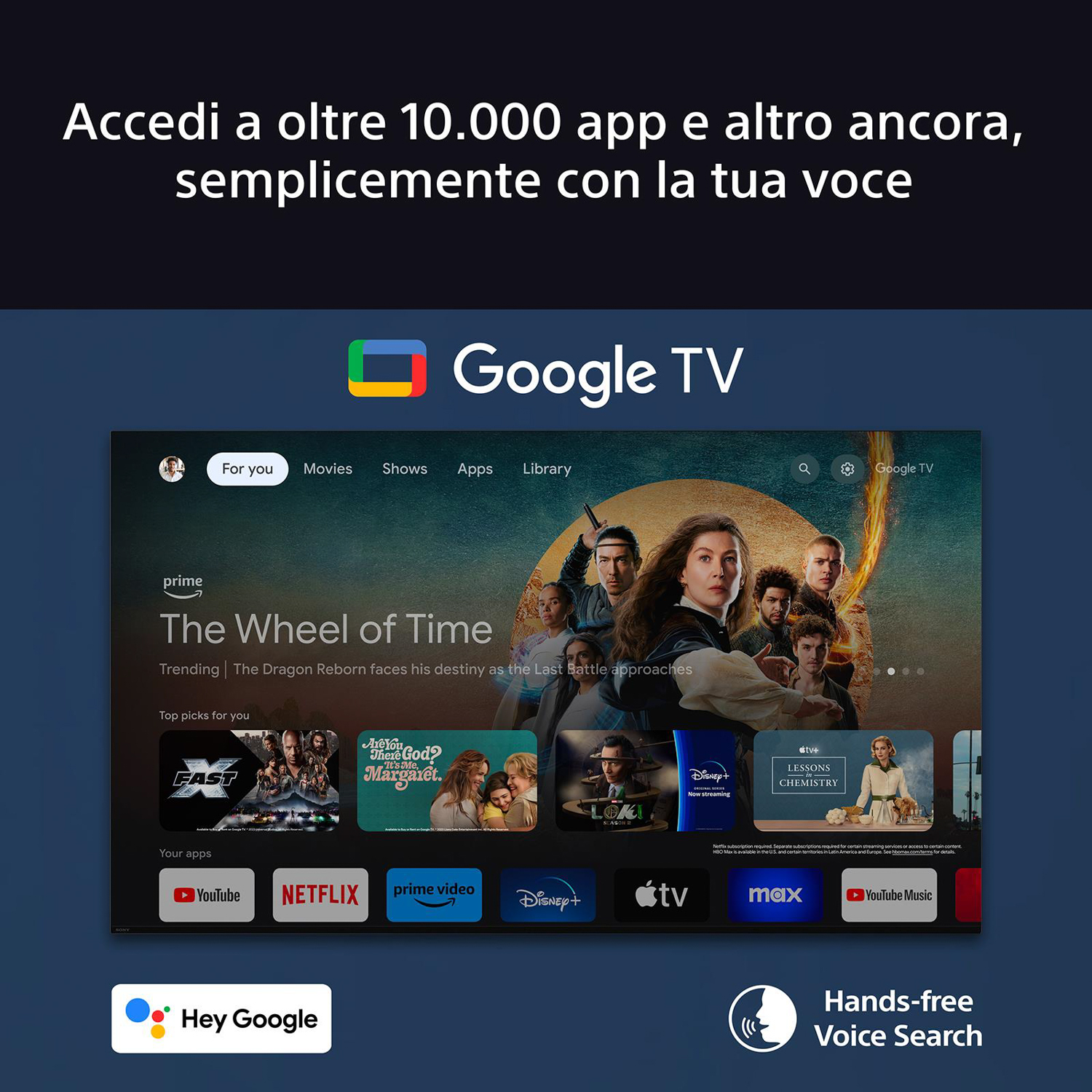Interfaccia Google TV su schermo, con icone app e la frase 'Hey Google'.