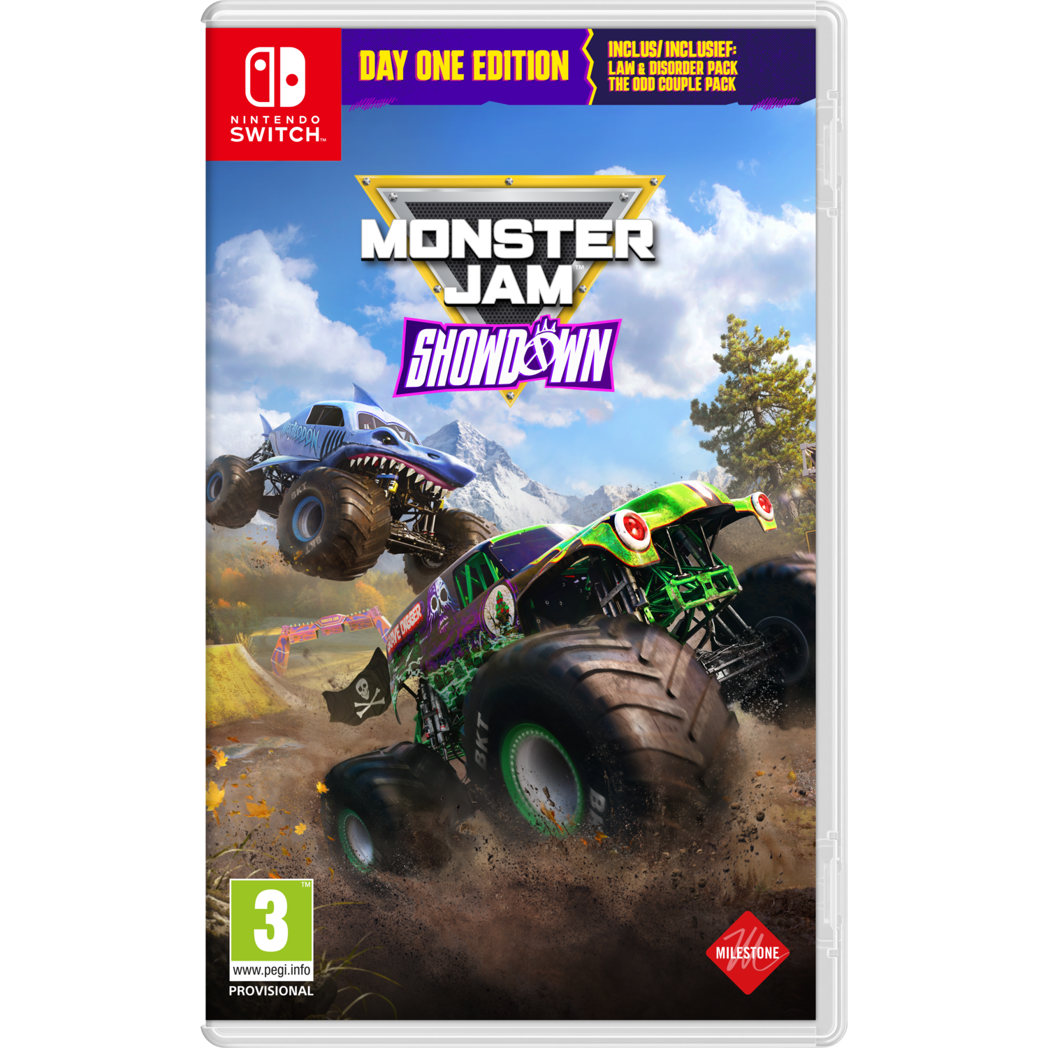Monster Jam Showdown gamebox art met monstertrucks in actie en een Nintendo Switch logo.