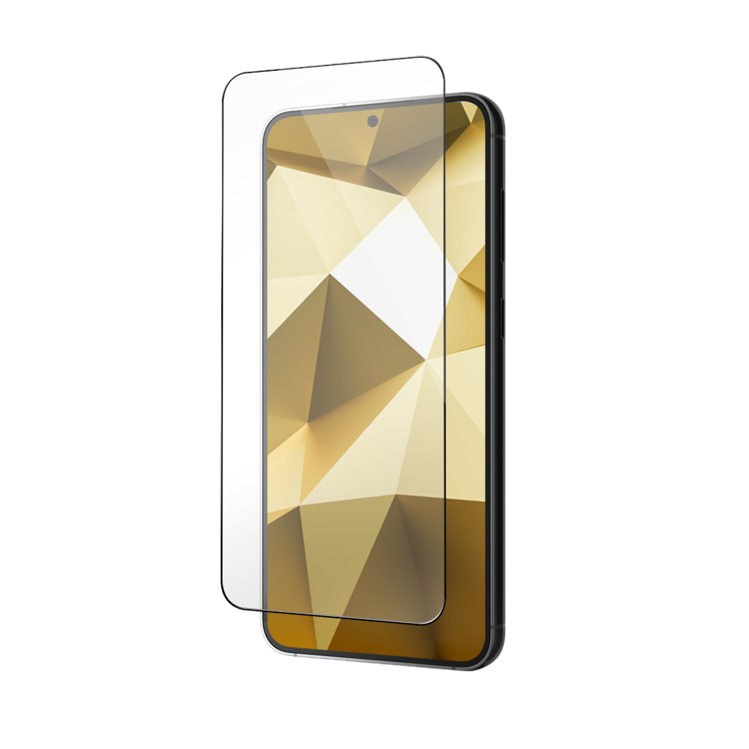 Smartphone met schermbeschermer. Telefoon is zwart, beschermer is helder, met geometrisch patroon.