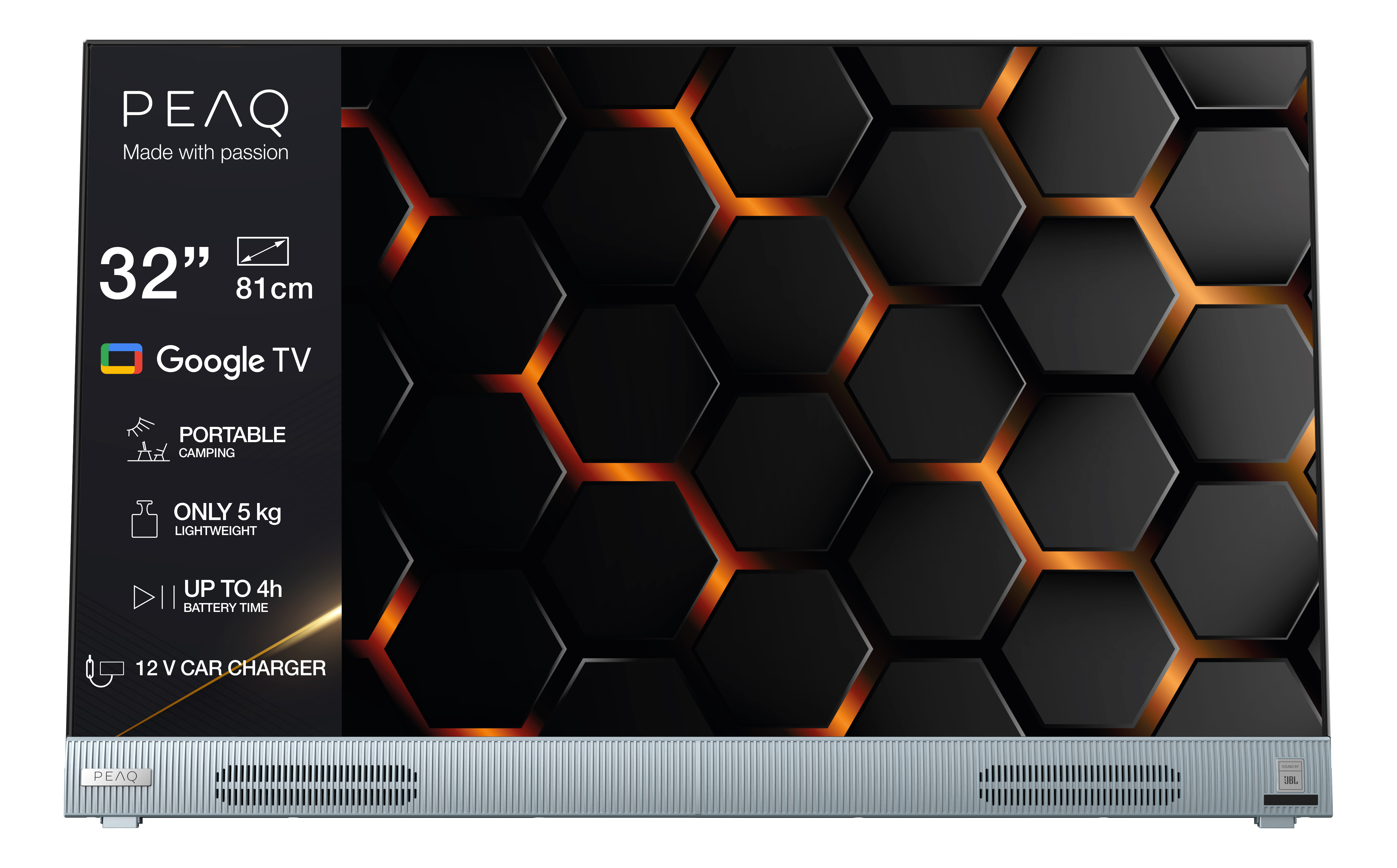 32-Zoll-PEAQ Google TV. Schwarz-Silber-Design. Merkmale sind Camping, 5 kg Gewicht, 4h Akku, und 12V-Ladegerät.