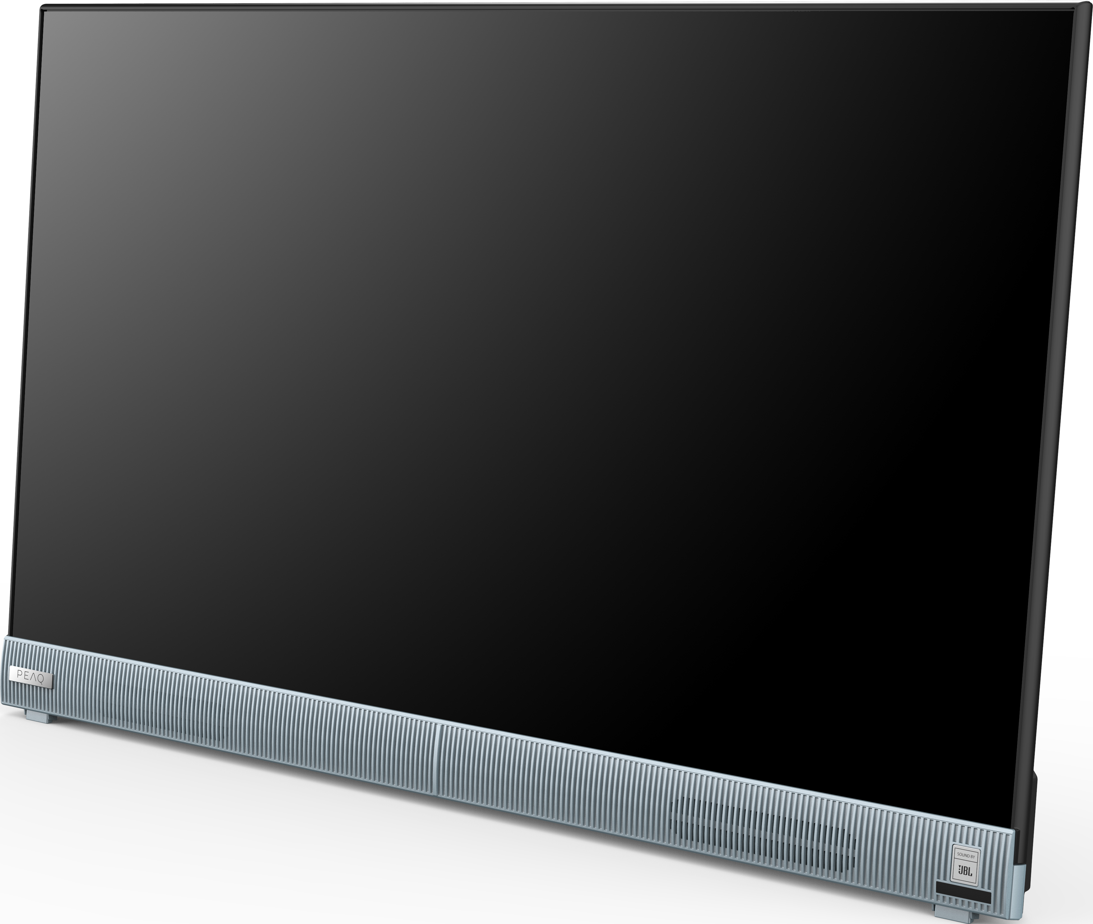 Großer, schwarzer Fernsehbildschirm mit einer silber-blauen JBL Soundbar. Weißer Hintergrund, schräge Ansicht.