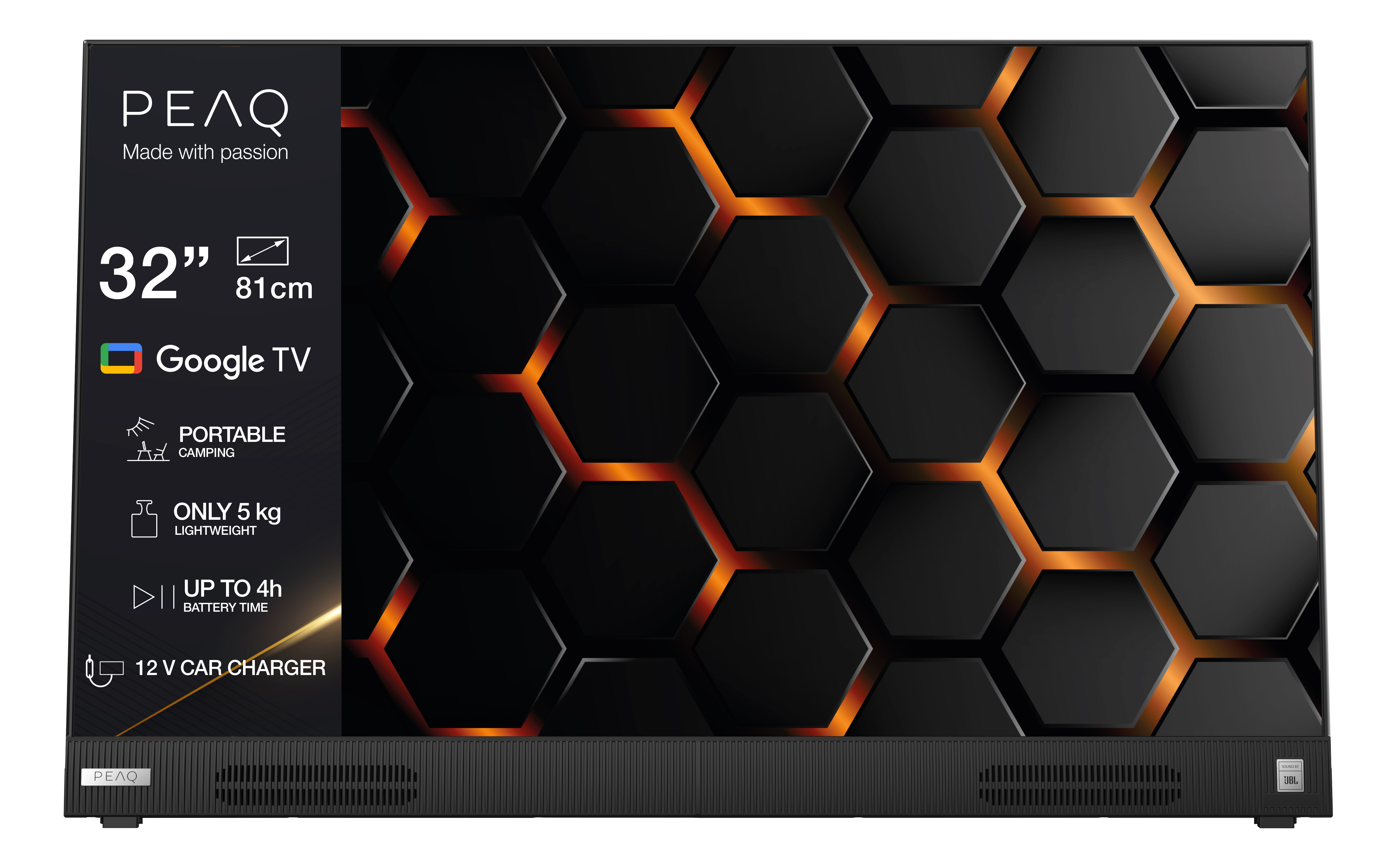 Schwarzer Fernseher mit Wabenmuster. Der Fernseher hat das Google TV-Logo und weitere Funktionen.