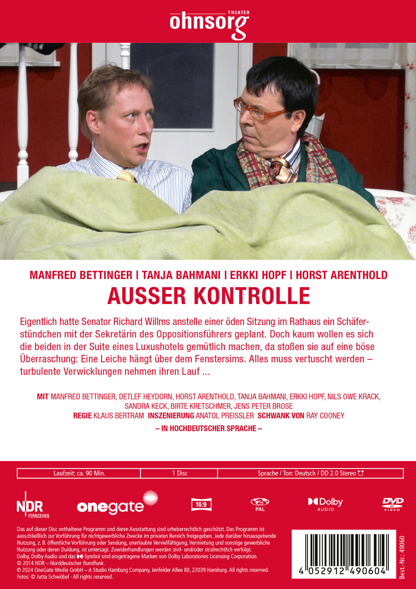 DVD-Rückseite mit Text und Bildern von zwei Männern in einem Hotelzimmer. Roter Hintergrund.