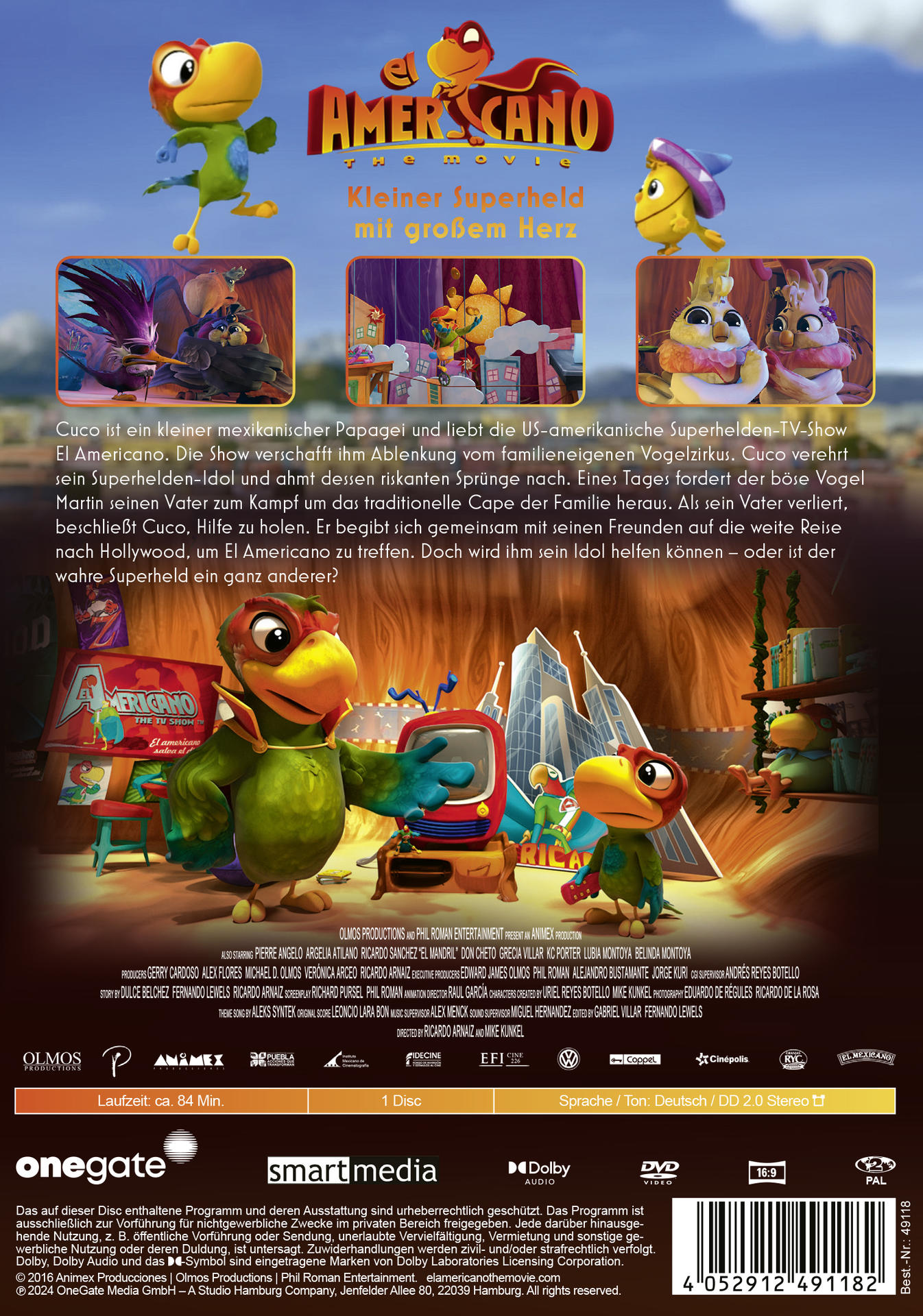 Filmposter: animierte Papageien mit dem Titel 'Americane'. Charaktere sind bunt und cartoonhaft, mit blauem Hintergrund.