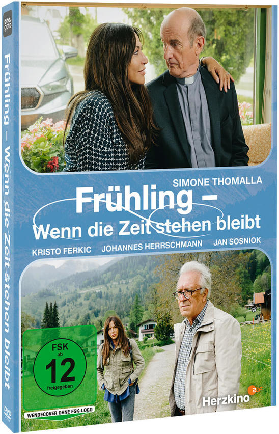 DVD-Cover für 'Frühling - Wenn die Zeit stehen bleibt'. Zeigt Schauspieler, eine Bergszene und ein Bewertungsschild.