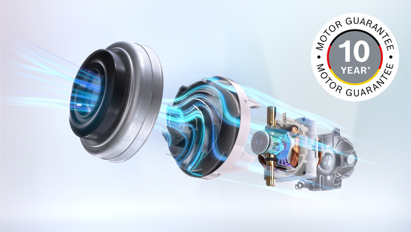 Bir elektrik süpürgesi motorunun patlamış görünümü, iç bileşenleri vurgulanıyor.