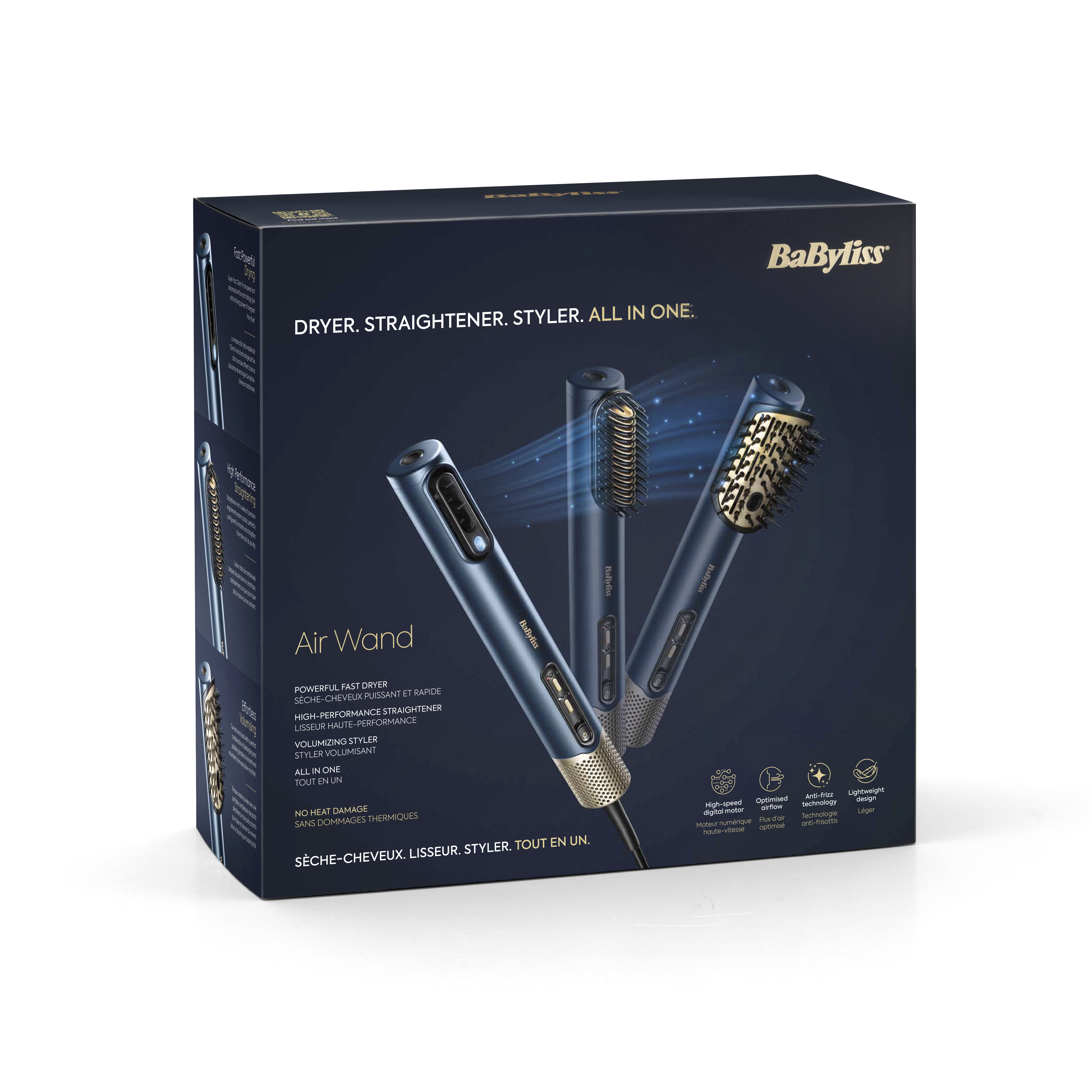 Una caja azul oscuro con un kit de estilismo. Dice 'Secador, Alisador, Moldeador. Todo en uno'. Fondo blanco.