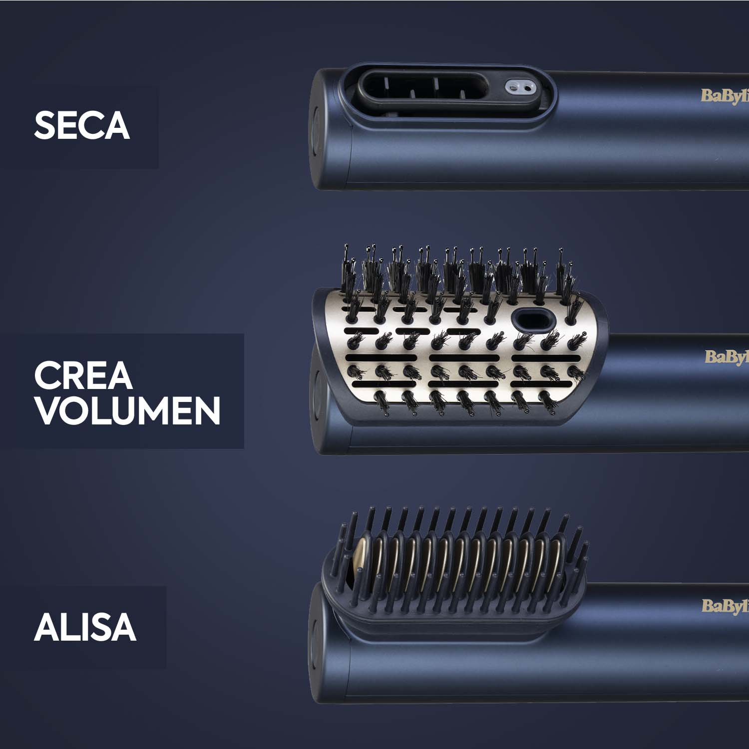 Primer plano de un moldeador de cabello BaByliss, que muestra varios accesorios para secar, dar volumen y alisar.
