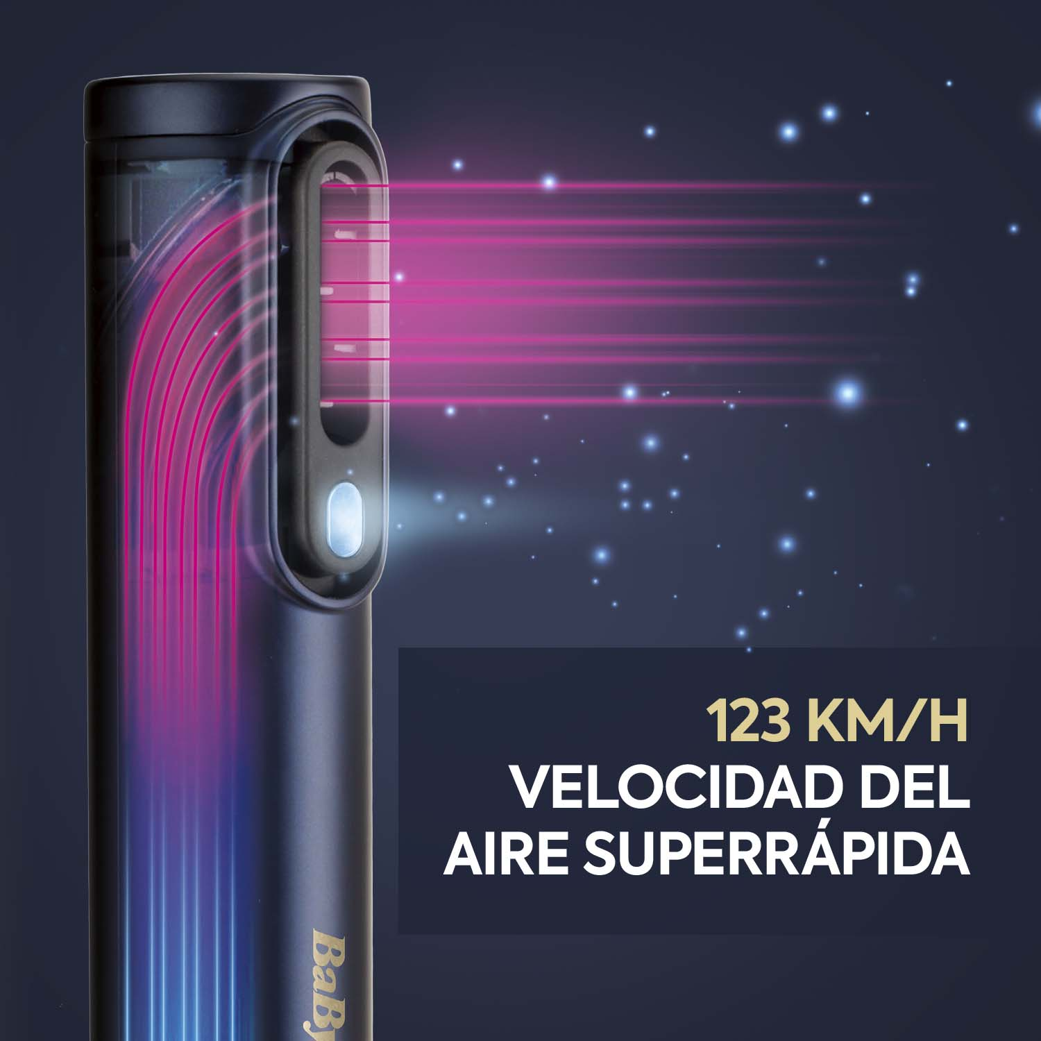 Herramienta negra para peinar el cabello con rayos de luz azules y rosas, y texto.