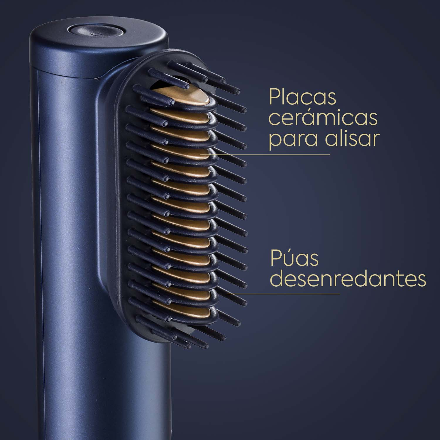 Cepillo alisador de pelo con placas cerámicas y púas desenredantes, cuerpo azul.